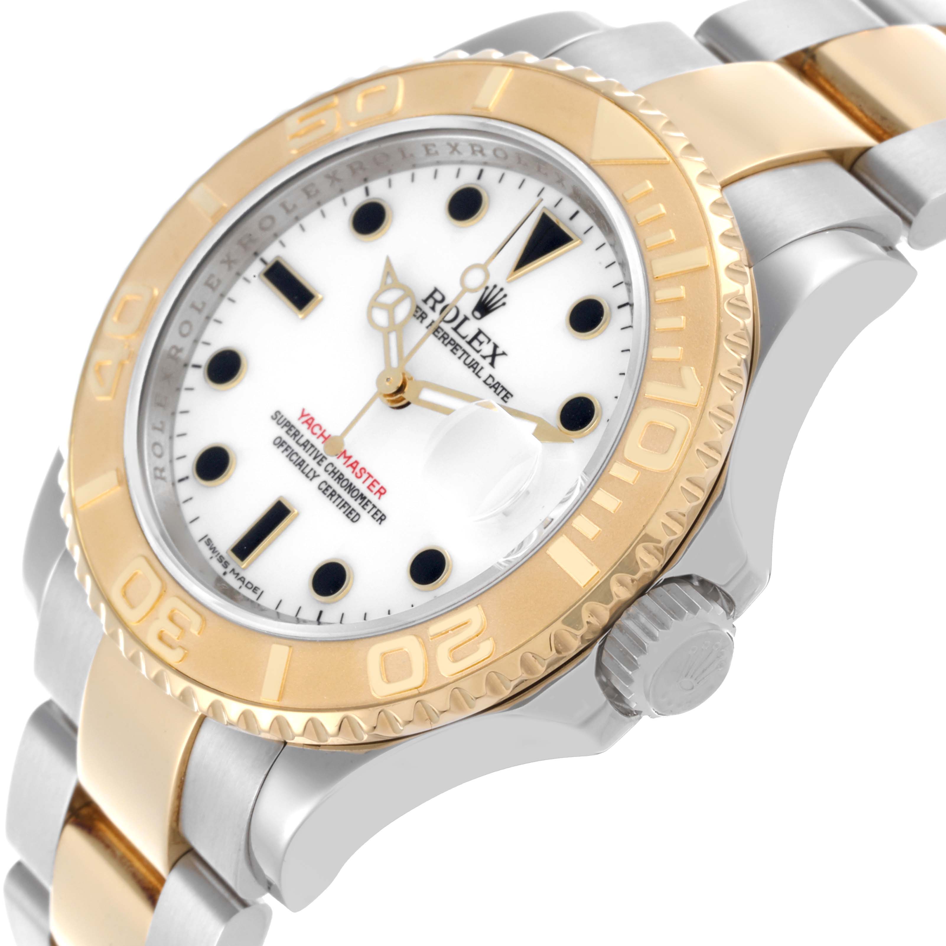 The Rolex Yacht-Master 16623 Men's Steel and Gold (two tone) White Dial 16623 Men's Steel and Gold (two tone) White Dial watch is shown at an angle highlighting its face, bezel, crown, and part of the bracelet.