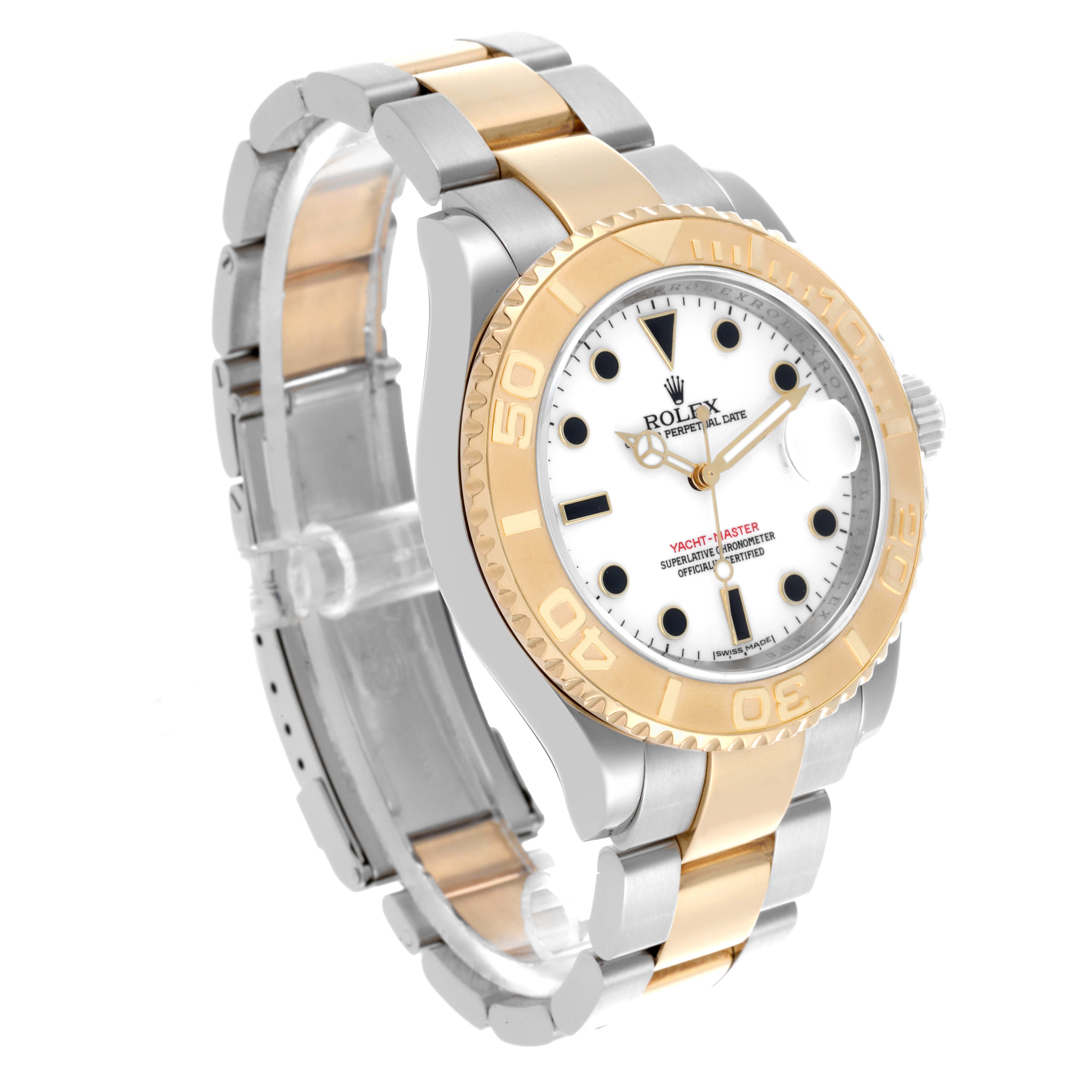 The Rolex Yacht-Master 16623 Men's Steel and Gold (two tone) White Dial 16623 Men's Steel and Gold (two tone) White Dial watch is shown from a diagonal angle, displaying the face, bezel, and bracelet.