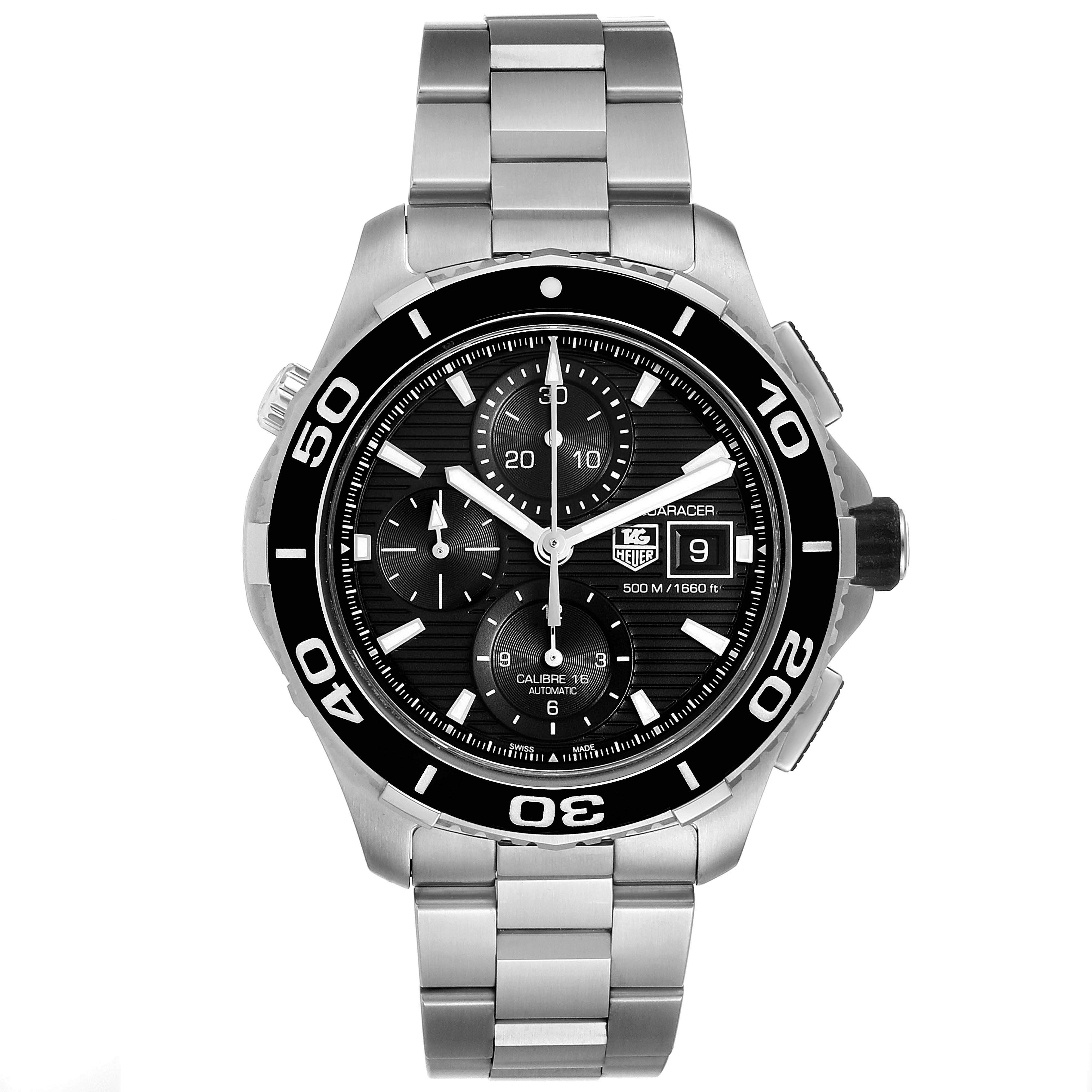 The image shows a frontal view of the Tag Heuer Aquaracer CAK2110.BA0833 Men
s Stainless Steel Black Dial CAK2110.BA0833 Men
s Stainless Steel Black Dial watch, featuring its bezel, dial, chronograph sub-dials, and bracelet.
