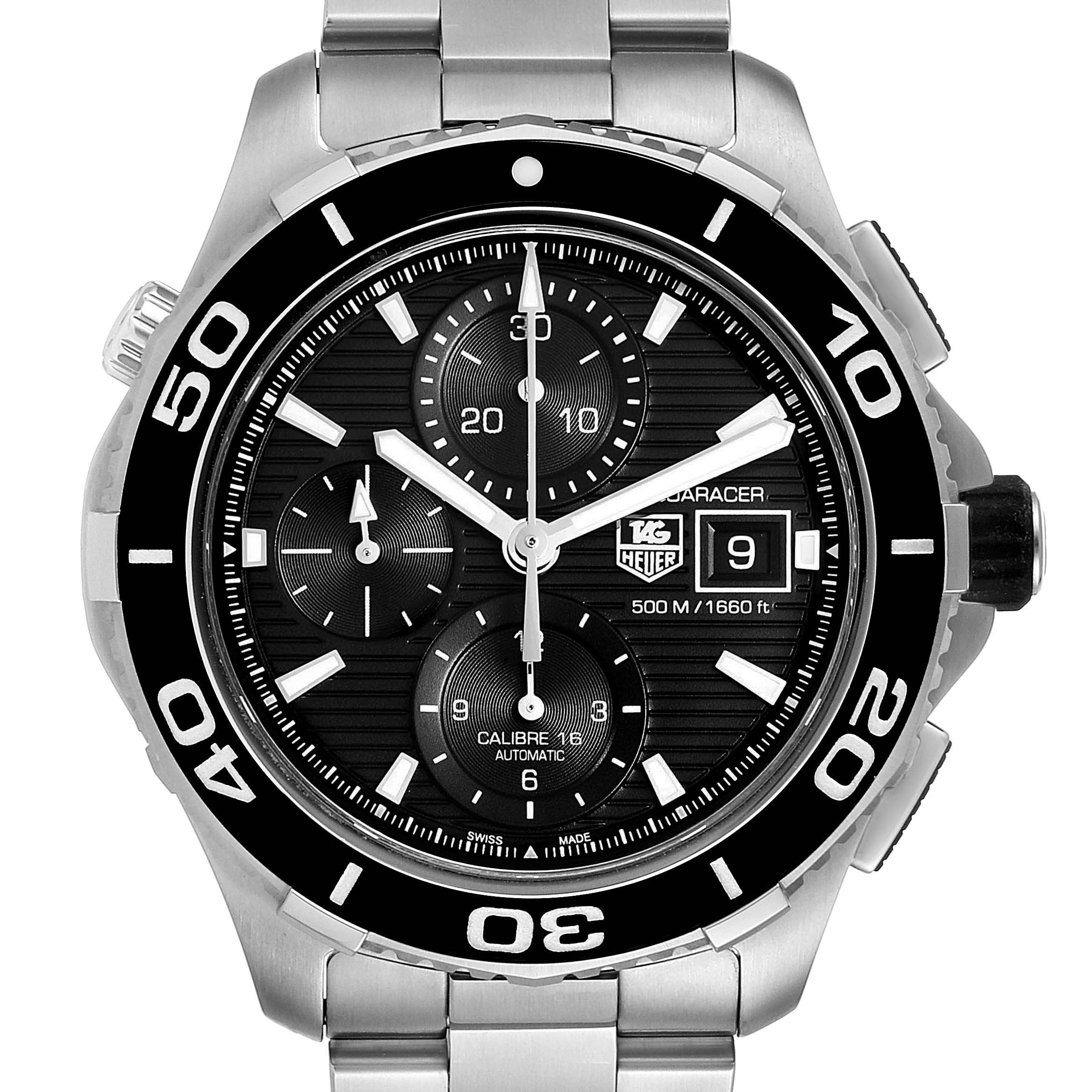 The image shows a front view of the Tag Heuer Aquaracer CAK2110.BA0833 Men
s Stainless Steel Black Dial CAK2110.BA0833 Men
s Stainless Steel Black Dial watch, highlighting its dial, bezel, and sub-dials.