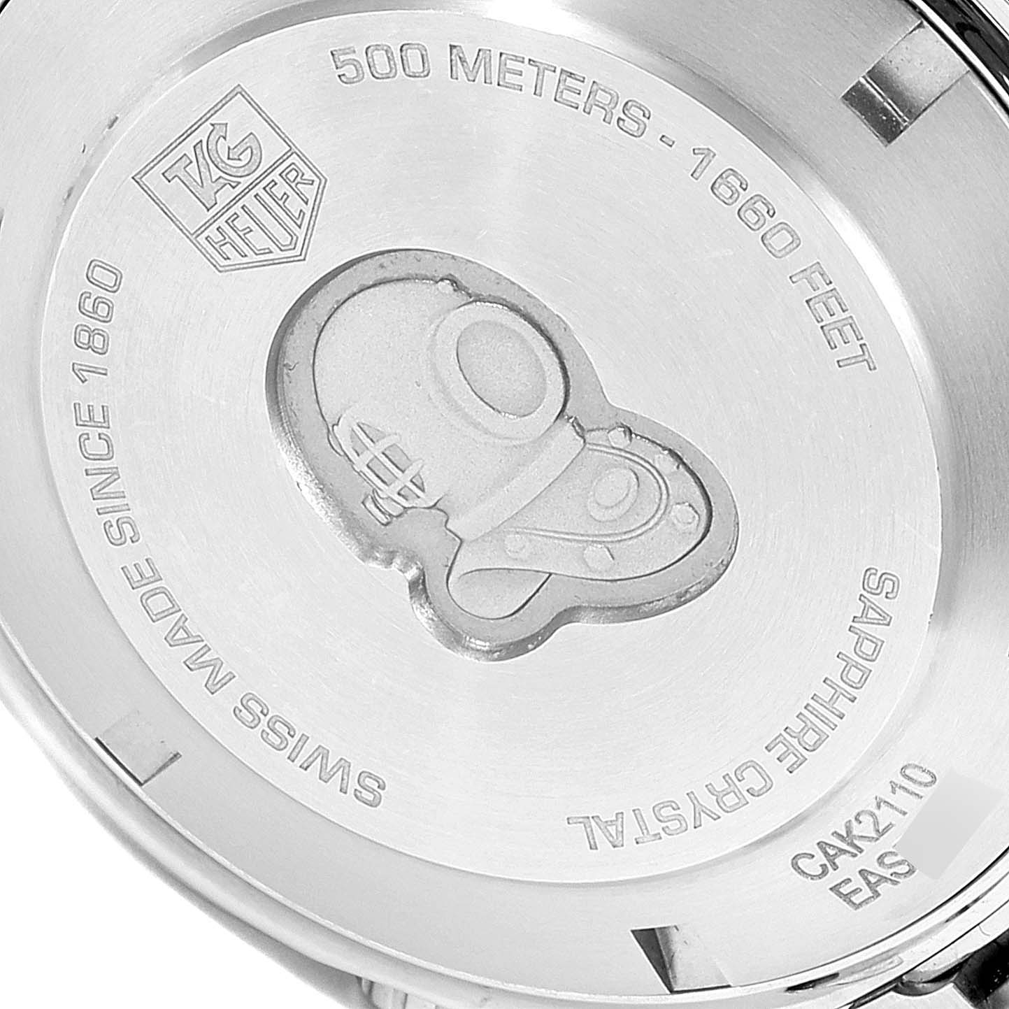 The image shows the back case of a Tag Heuer Aquaracer CAK2110.BA0833 Men
s Stainless Steel Black Dial CAK2110.BA0833 Men
s Stainless Steel Black Dial watch, displaying water resistance and brand engravings.