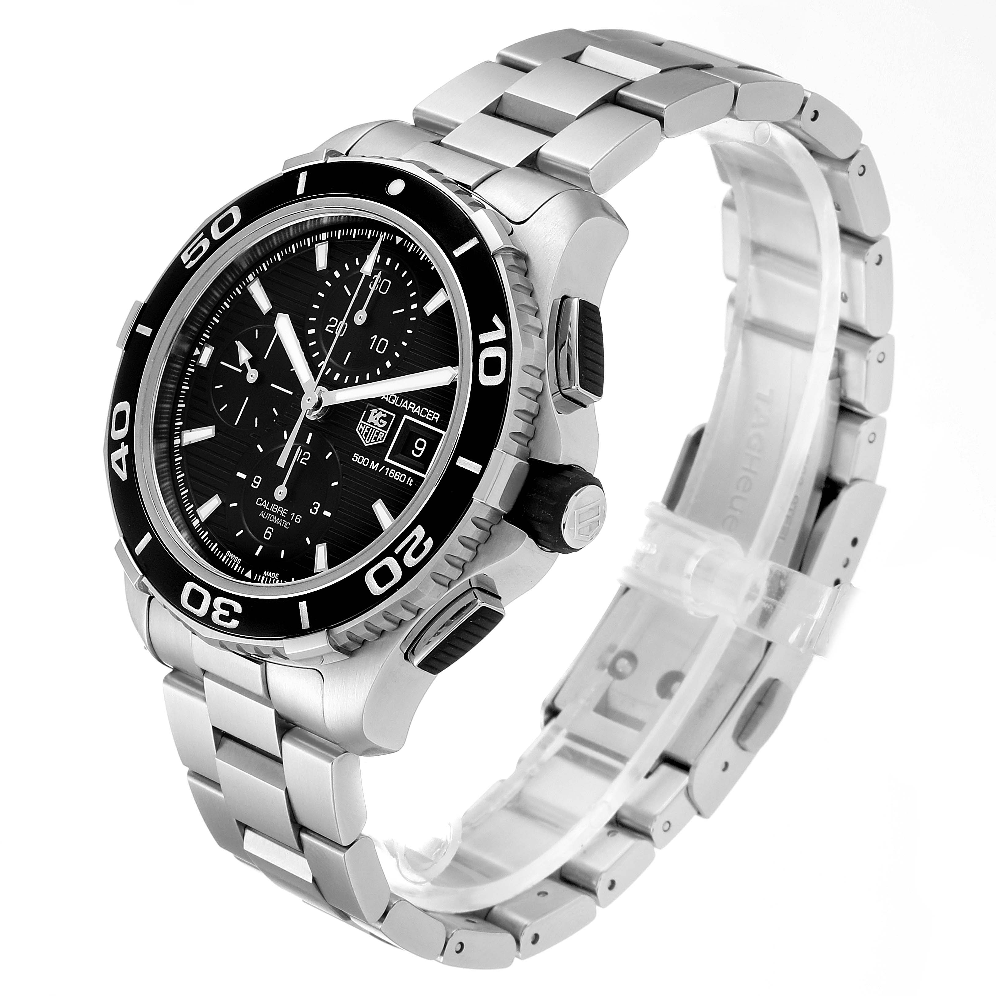 The Tag Heuer Aquaracer CAK2110.BA0833 Men
s Stainless Steel Black Dial CAK2110.BA0833 Men
s Stainless Steel Black Dial watch is shown at a three-quarter angle, displaying the bezel, dial, crown, and metal strap.