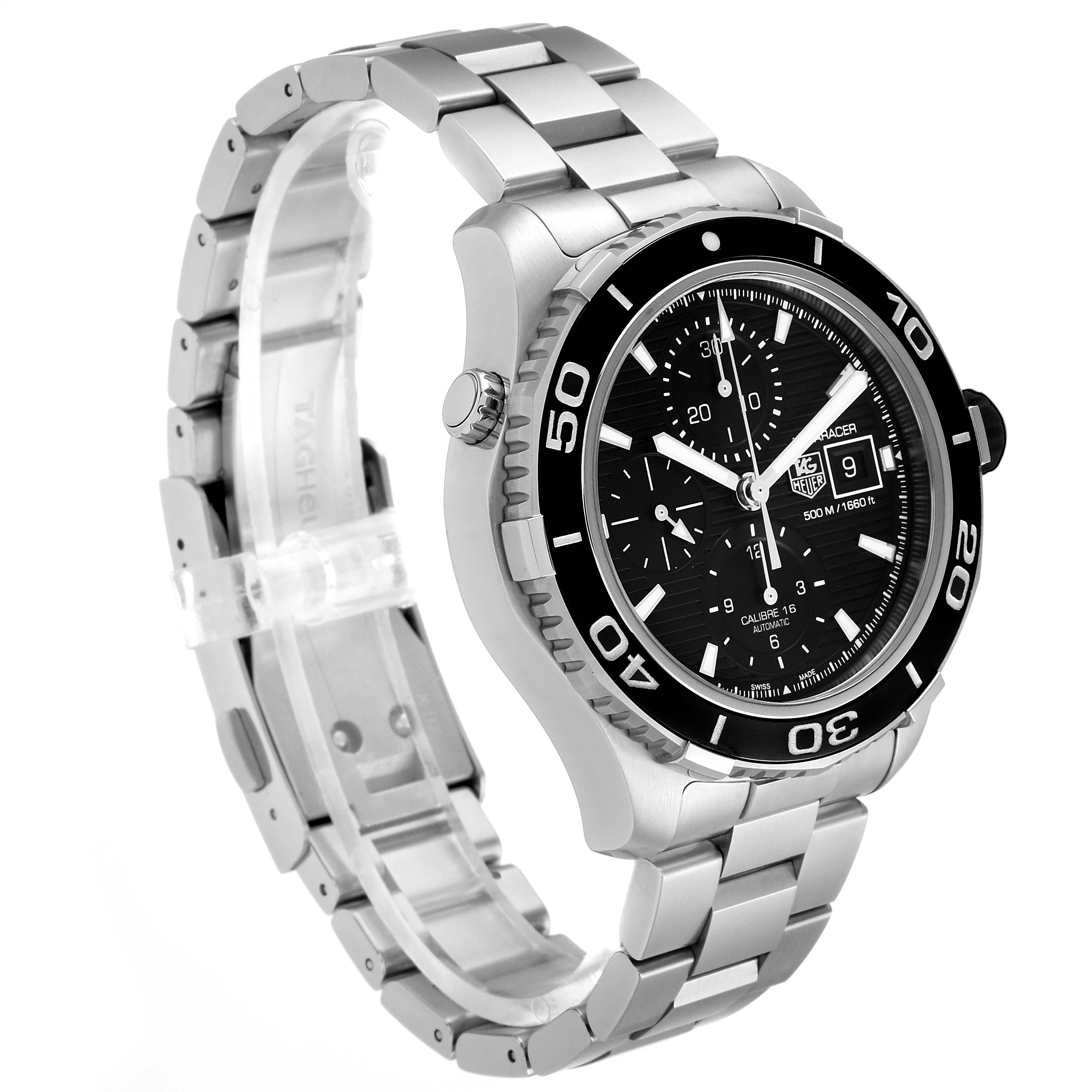 The image shows a side view of the Tag Heuer Aquaracer CAK2110.BA0833 Men
s Stainless Steel Black Dial CAK2110.BA0833 Men
s Stainless Steel Black Dial watch, highlighting the bezel, dial, crown, and metal bracelet.