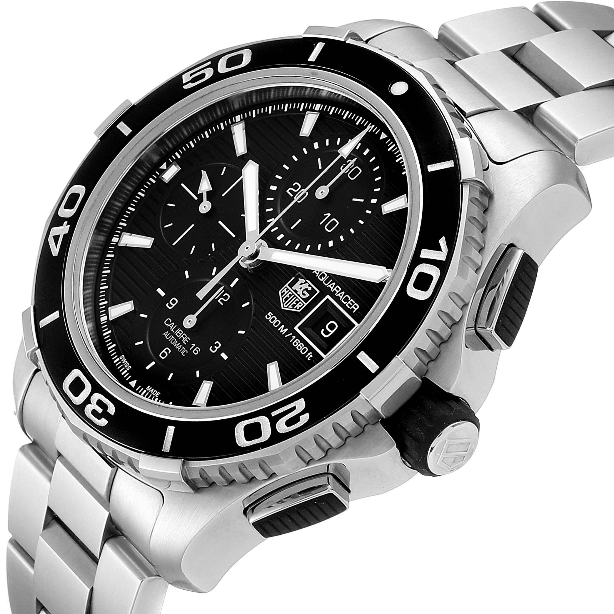 The image shows a Tag Heuer Aquaracer CAK2110.BA0833 Men
s Stainless Steel Black Dial CAK2110.BA0833 Men
s Stainless Steel Black Dial watch from a three-quarter angle, highlighting the face, bezel, and part of the metal band.