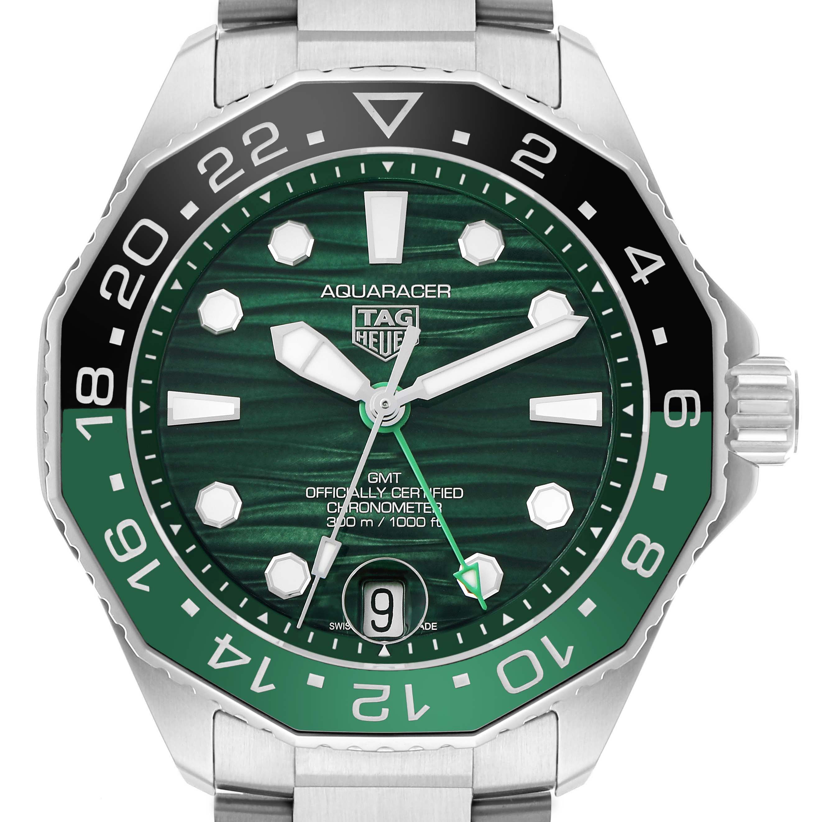 The Tag Heuer Aquaracer WBP5115 Men's Stainless Steel Green Dial watch is shown from the front, highlighting its bezel, green dial, and bracelet.