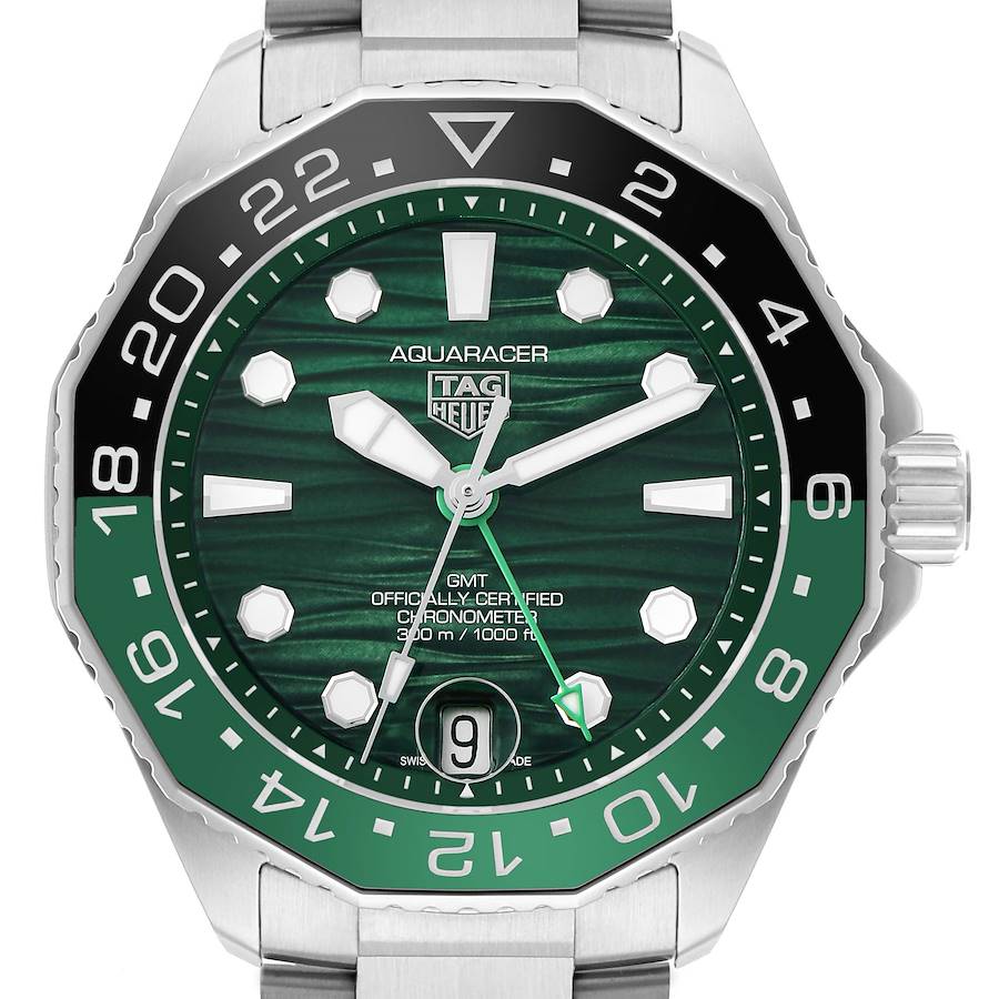 The Tag Heuer Aquaracer WBP5115 Men's Stainless Steel Green Dial watch is shown from the front, highlighting its bezel, green dial, and bracelet.