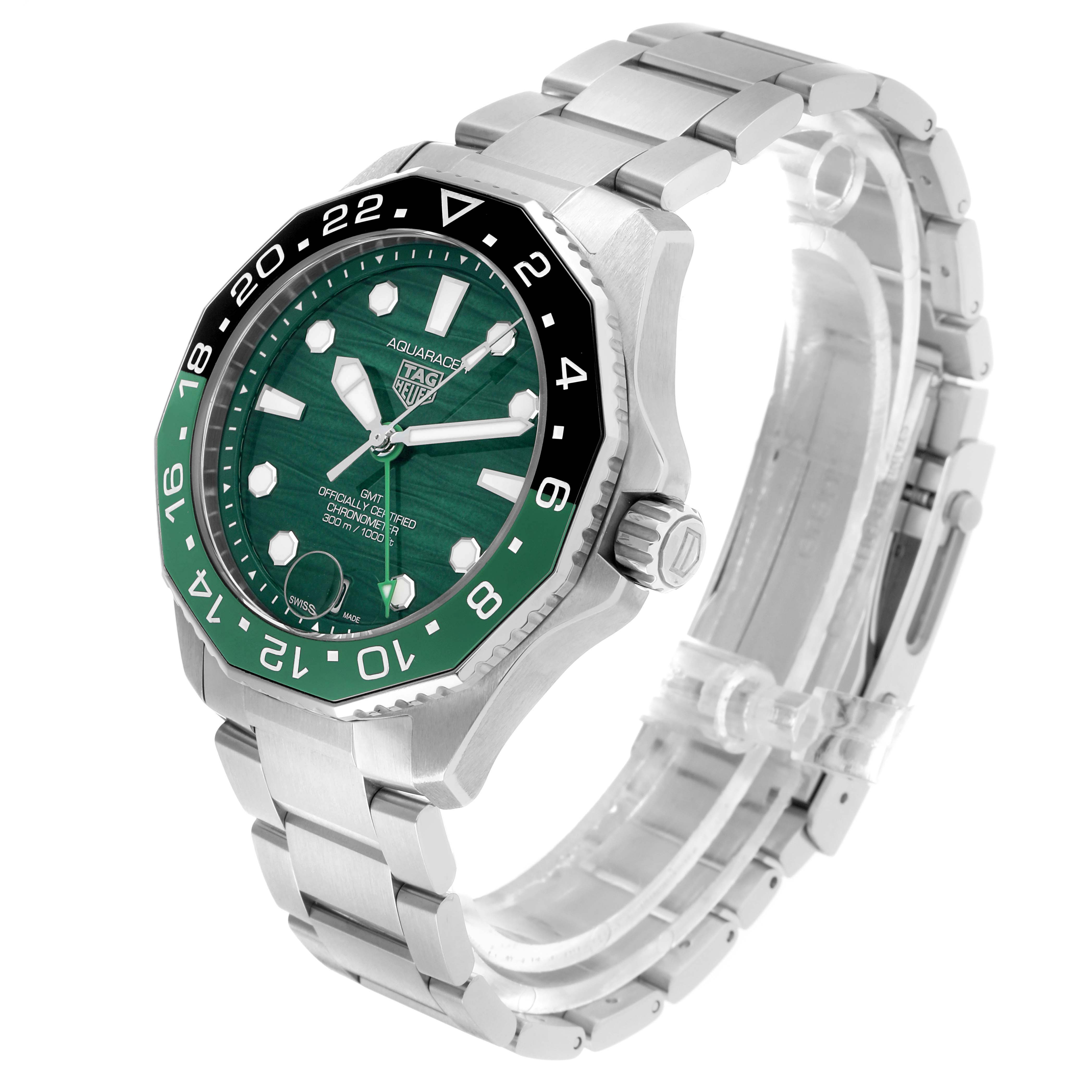 The Tag Heuer Aquaracer WBP5115 Men's Stainless Steel Green Dial watch is shown from a three-quarter angle, highlighting the green dial, bezel, and stainless steel bracelet.