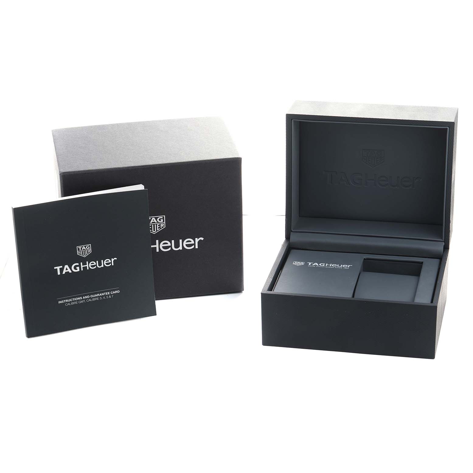 The image shows the packaging for a Tag Heuer Aquaracer WBP5115 Men's Stainless Steel Green Dial, including the outer box, inner presentation box, and instruction manual.