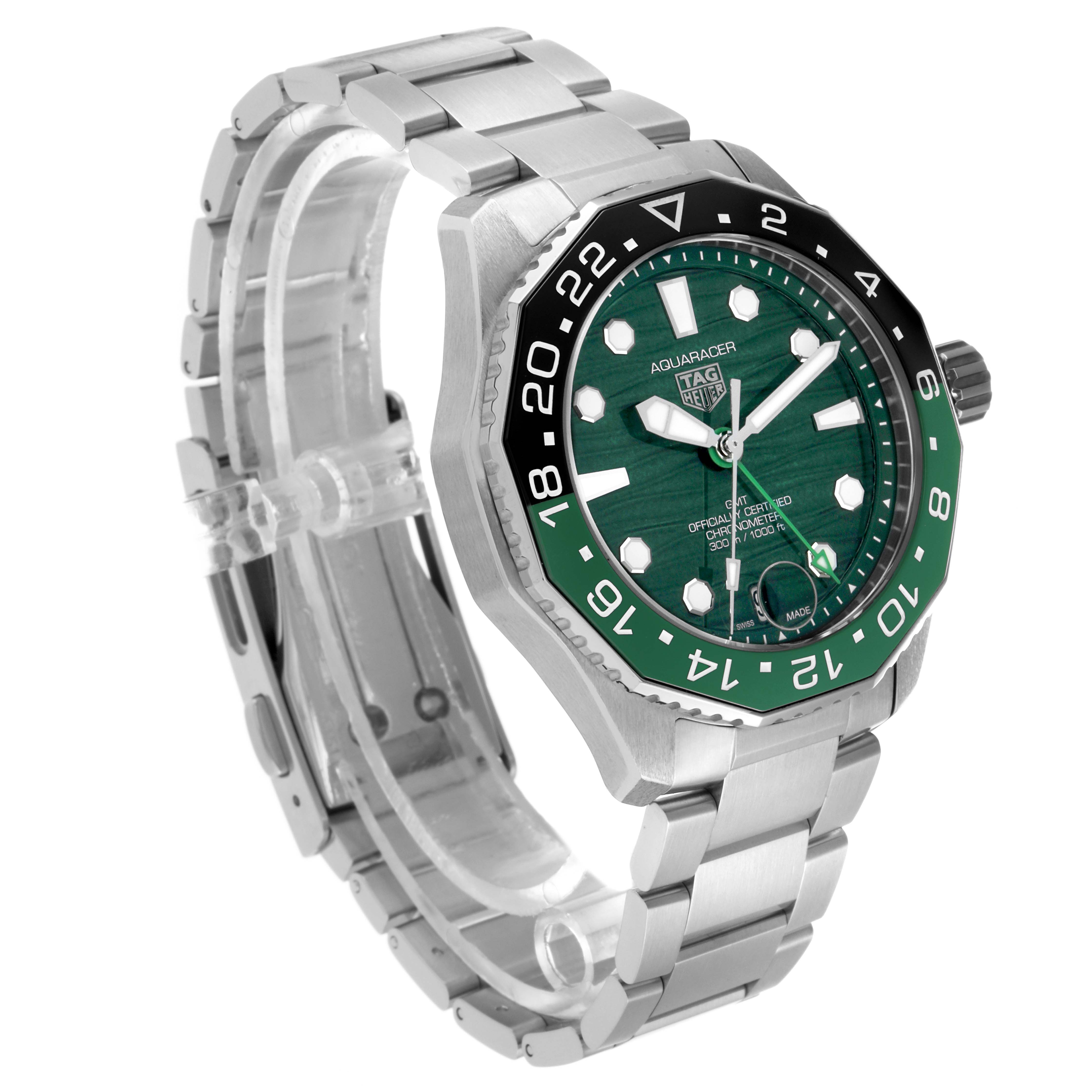 The Tag Heuer Aquaracer WBP5115 Men's Stainless Steel Green Dial watch is shown at a three-quarter angle, displaying the bezel, dial, and metal bracelet.