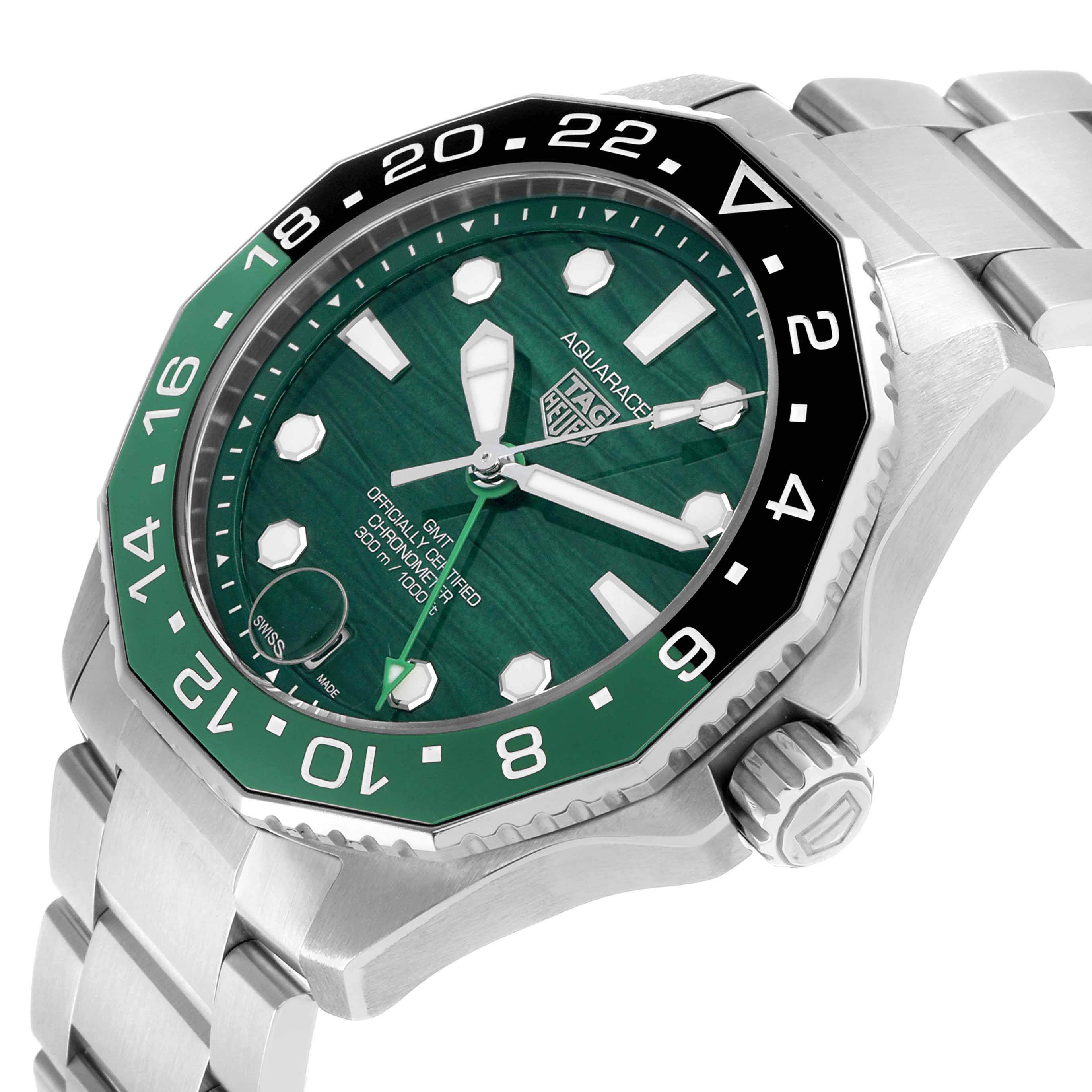 The TAG Heuer Aquaracer watch is shown at a side angle, highlighting its bezel, dial, and crown.
