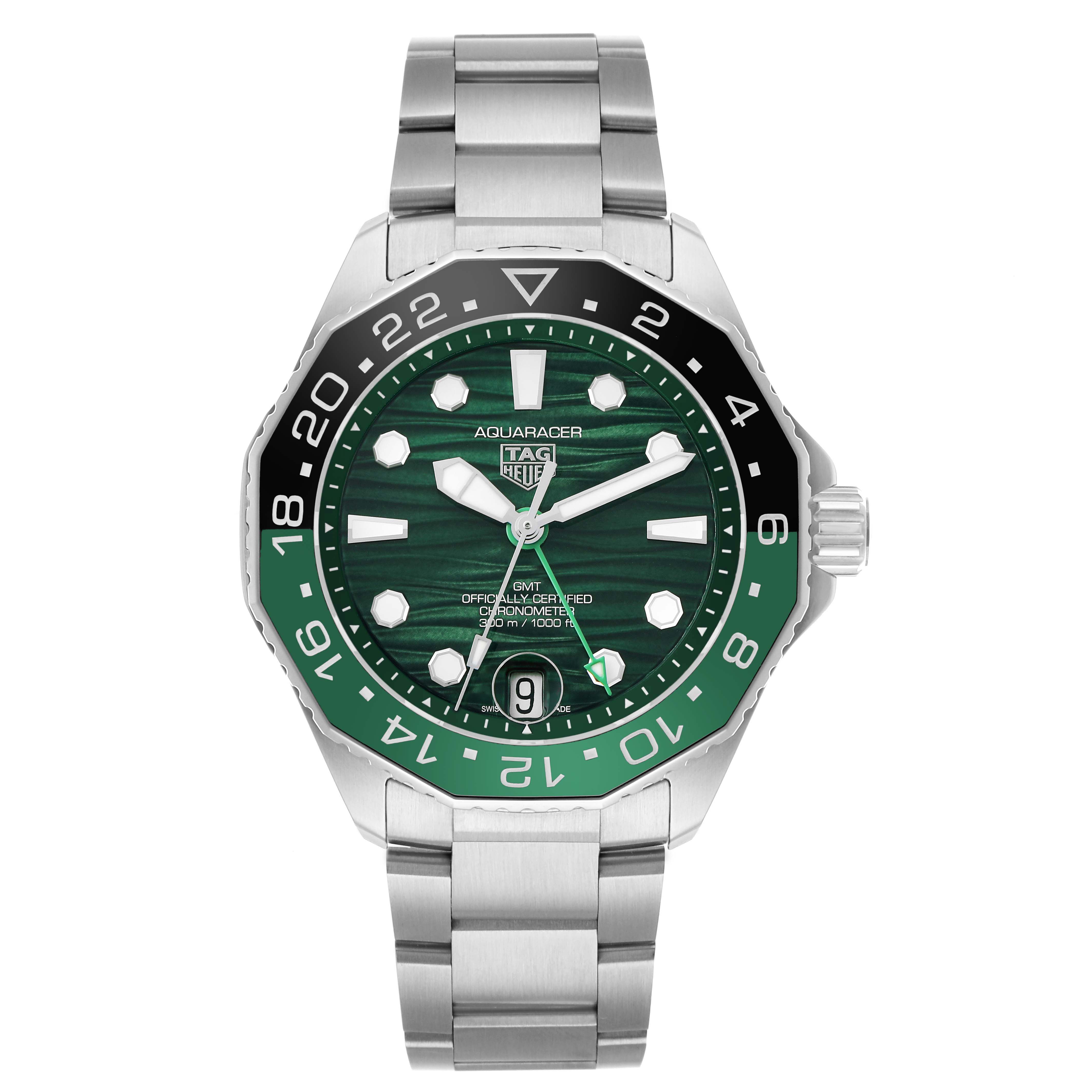 The Tag Heuer Aquaracer WBP5115 Men's Stainless Steel Green Dial watch is shown from a top-down view, highlighting its green face, bezel, and metal bracelet.