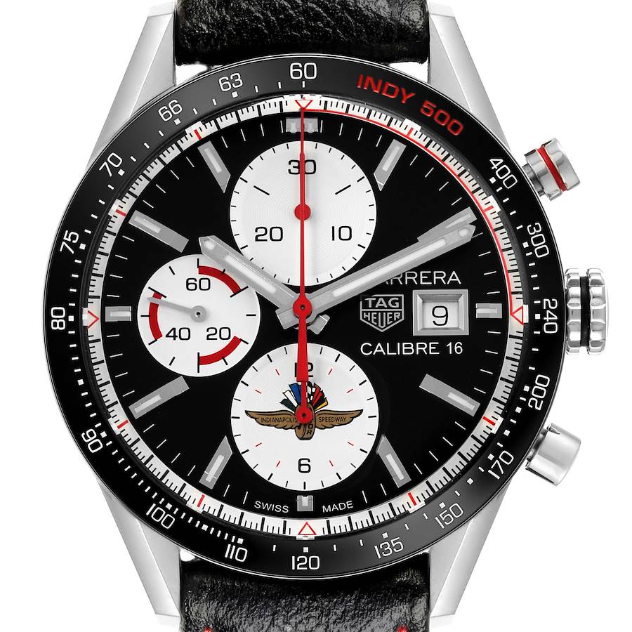 The image shows a Tag Heuer Carrera watch face from a top-down angle, highlighting the dial, bezel, and chronograph sub-dials.