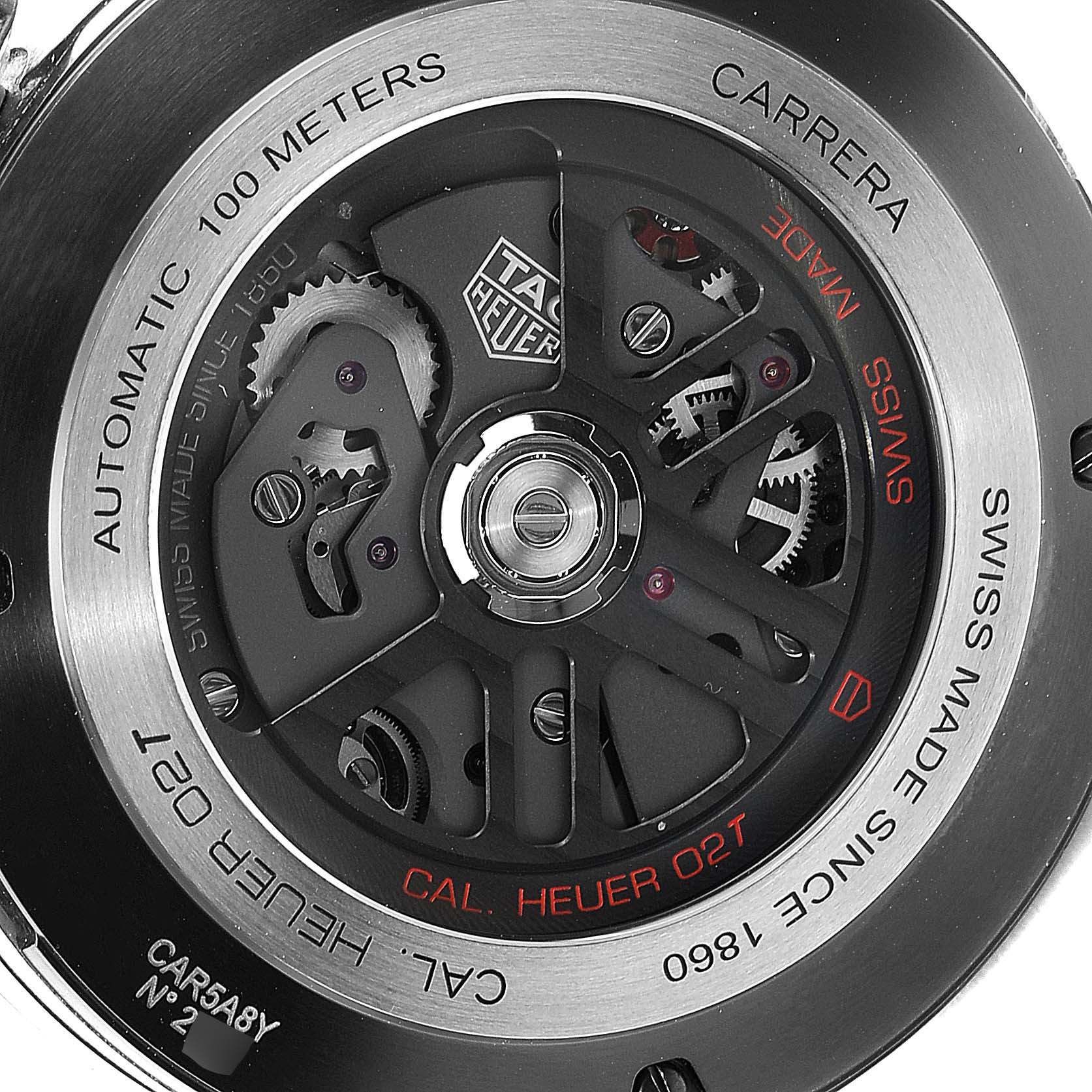 The image shows the back case of a Tag Heuer Carrera CAR5A8Y.FC6377 Men's Titanium Black Dial CAR5A8Y.FC6377 Men's Titanium Black Dial watch, highlighting the automatic movement and intricate inner mechanisms.