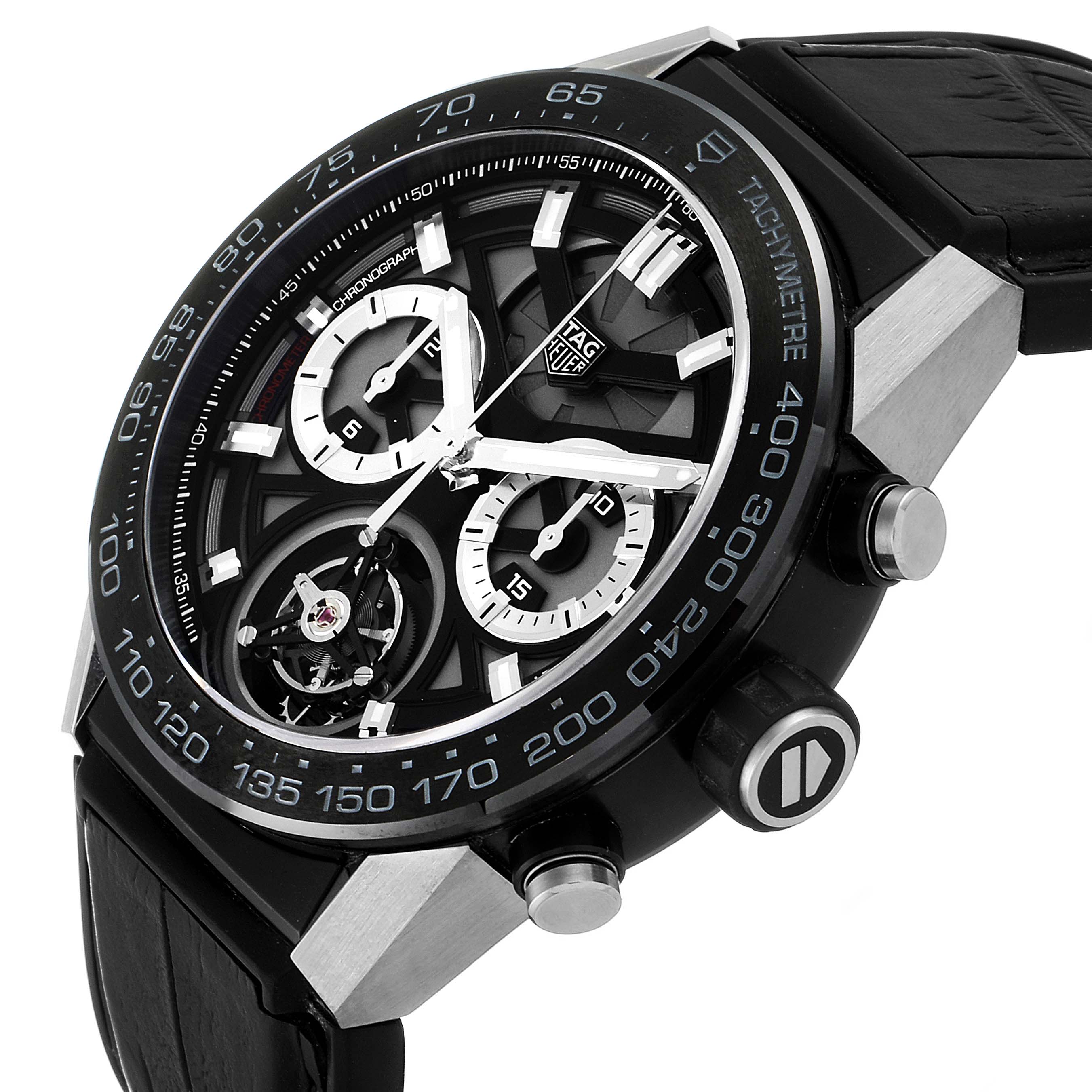The image shows a close-up angled view of the Tag Heuer Carrera CAR5A8Y.FC6377 Men's Titanium Black Dial CAR5A8Y.FC6377 Men's Titanium Black Dial model watch, highlighting its face, subdials, and tachymetre bezel.