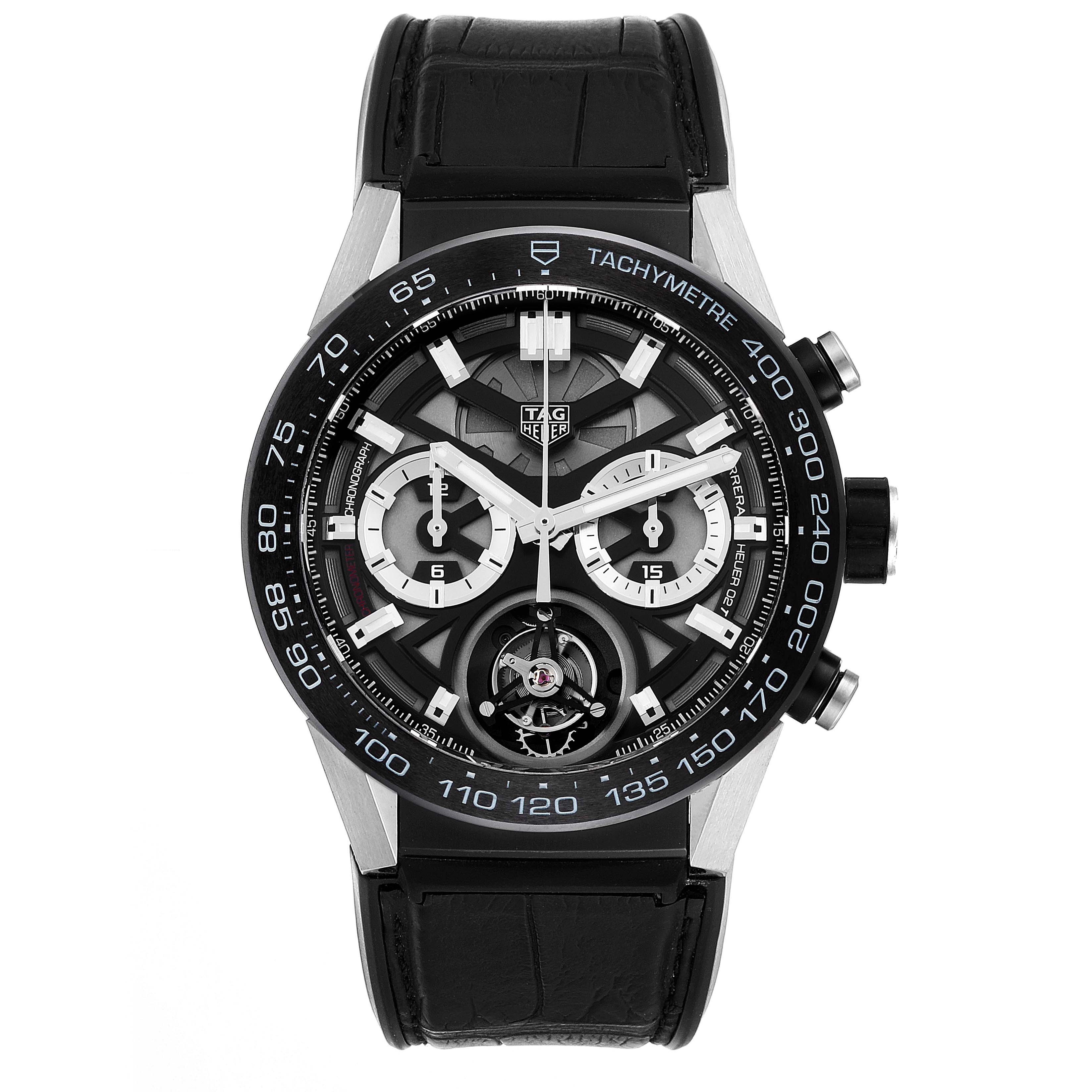 The image shows a front view of a Tag Heuer Carrera CAR5A8Y.FC6377 Men's Titanium Black Dial CAR5A8Y.FC6377 Men's Titanium Black Dial watch, highlighting its dial, sub-dials, and tachymeter bezel.