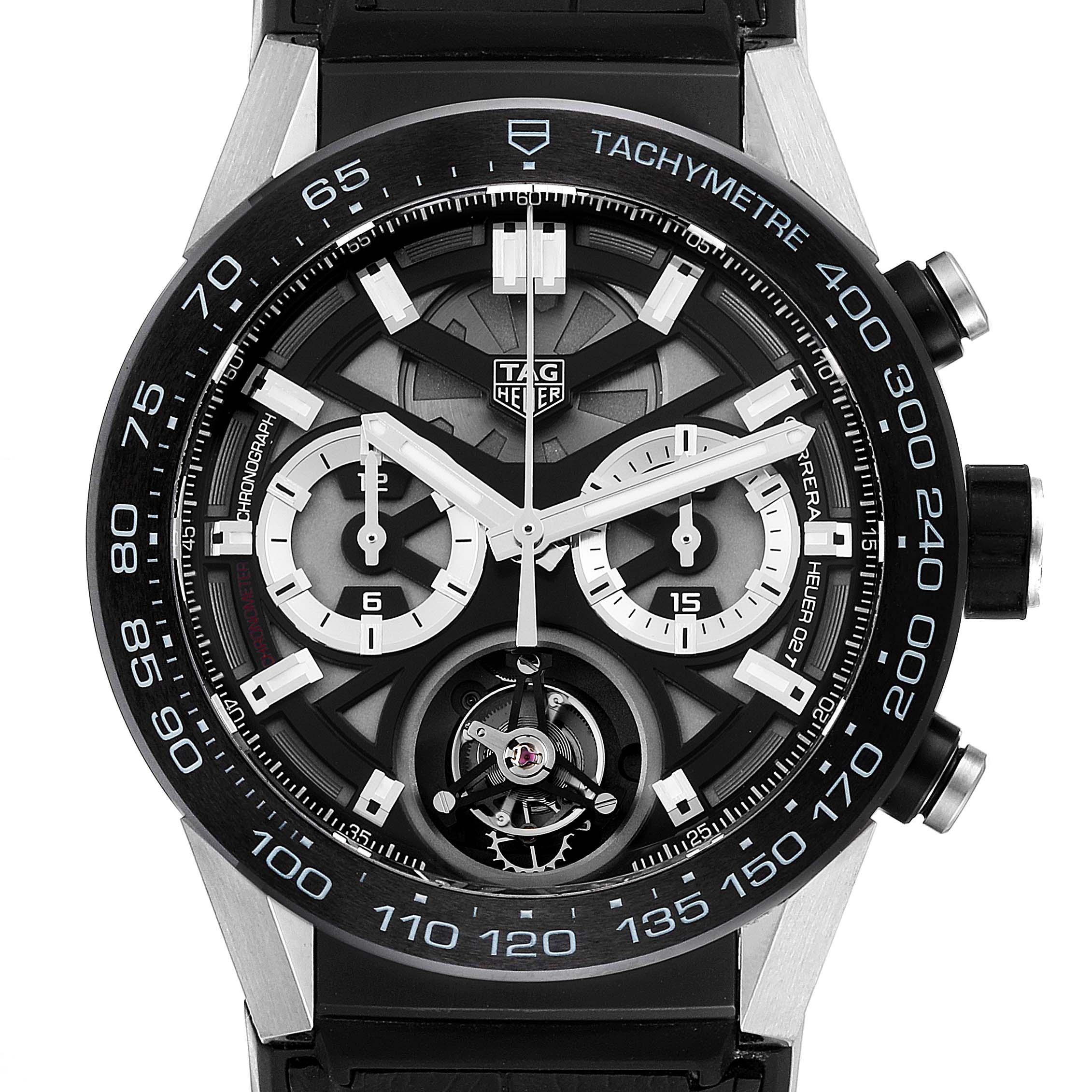The image shows a frontal view of the Tag Heuer Carrera CAR5A8Y.FC6377 Men's Titanium Black Dial CAR5A8Y.FC6377 Men's Titanium Black Dial watch, highlighting its dial, sub-dials, tachymeter scale, and the crown.
