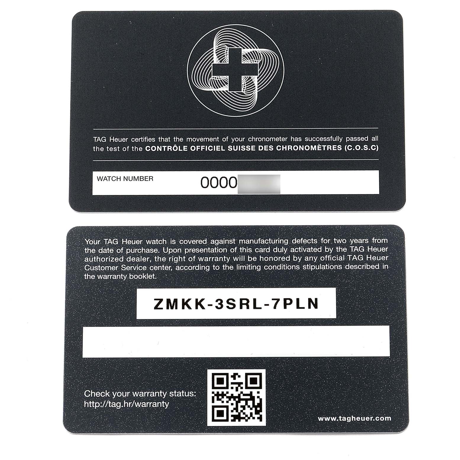 This image shows the front and back of the warranty card for the Tag Heuer Carrera CAR5A8Y.FC6377 Men's Titanium Black Dial CAR5A8Y.FC6377 Men's Titanium Black Dial model watch.