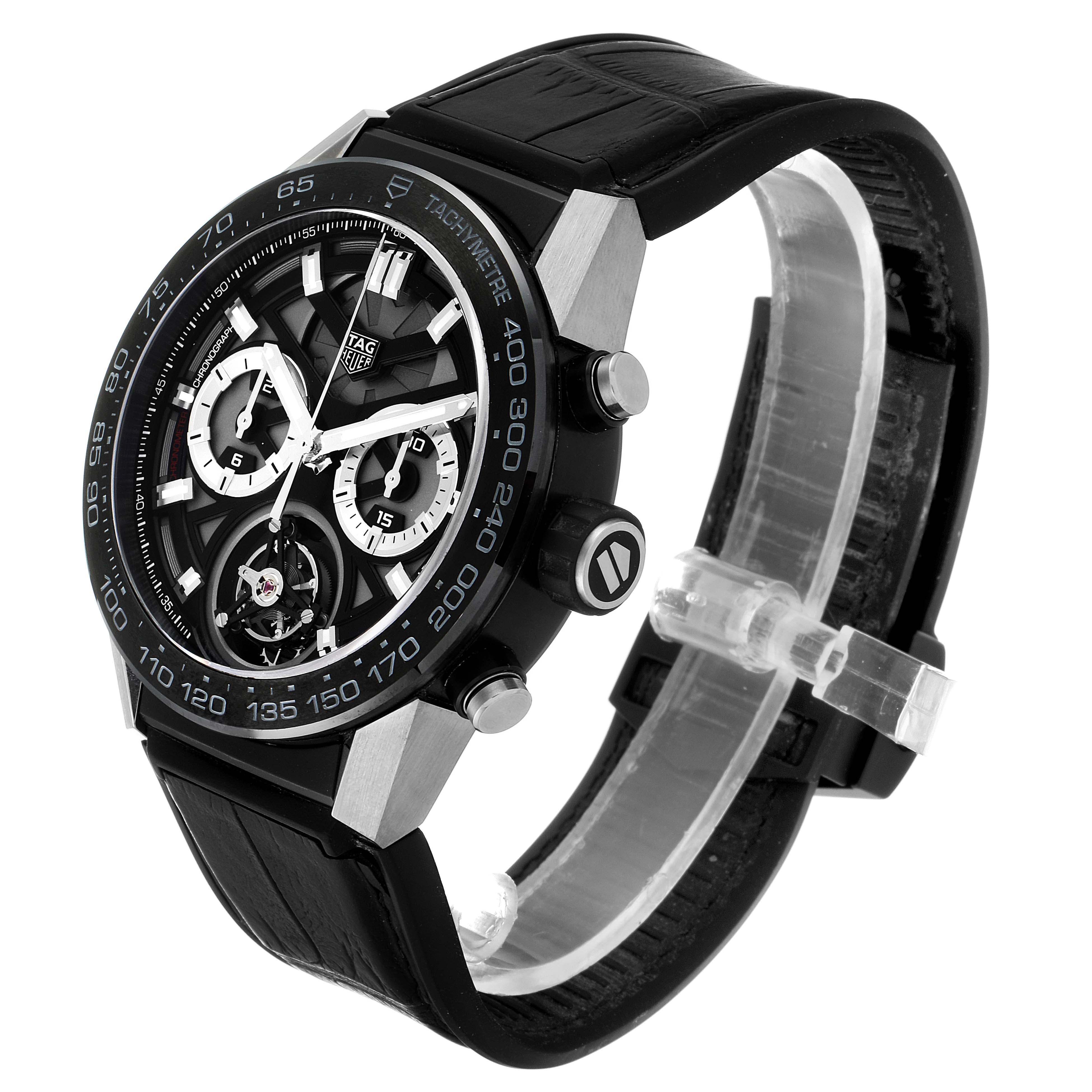 The image shows a side-angle view of a Tag Heuer Carrera CAR5A8Y.FC6377 Men's Titanium Black Dial CAR5A8Y.FC6377 Men's Titanium Black Dial model watch displaying the watch face, bezel, and part of the strap.