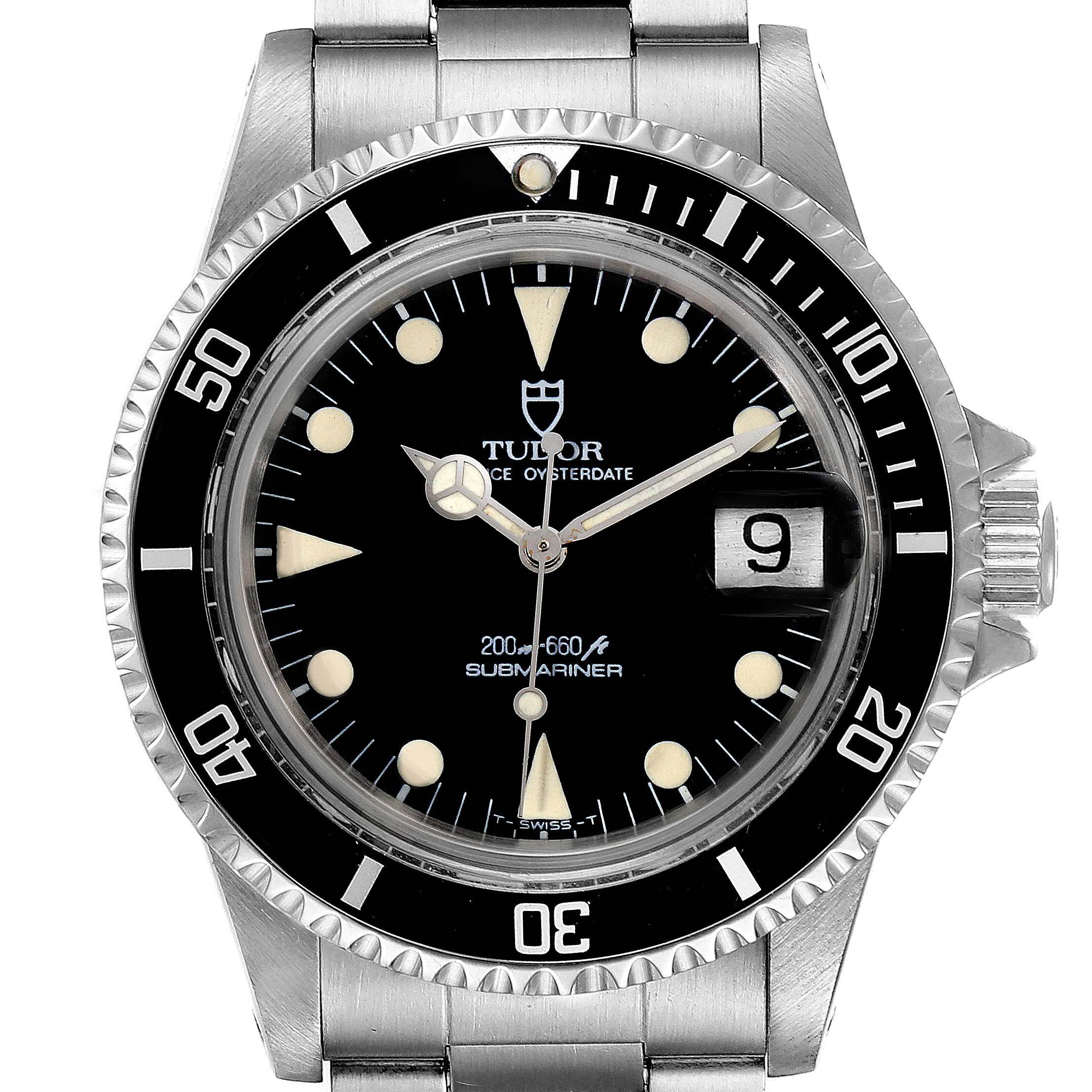 This image shows a front view of the Tudor Submariner 79090 Men
s Stainless Steel Black Dial 79090 Men
s Stainless Steel Black Dial watch, highlighting the dial, bezel, and stainless steel bracelet.