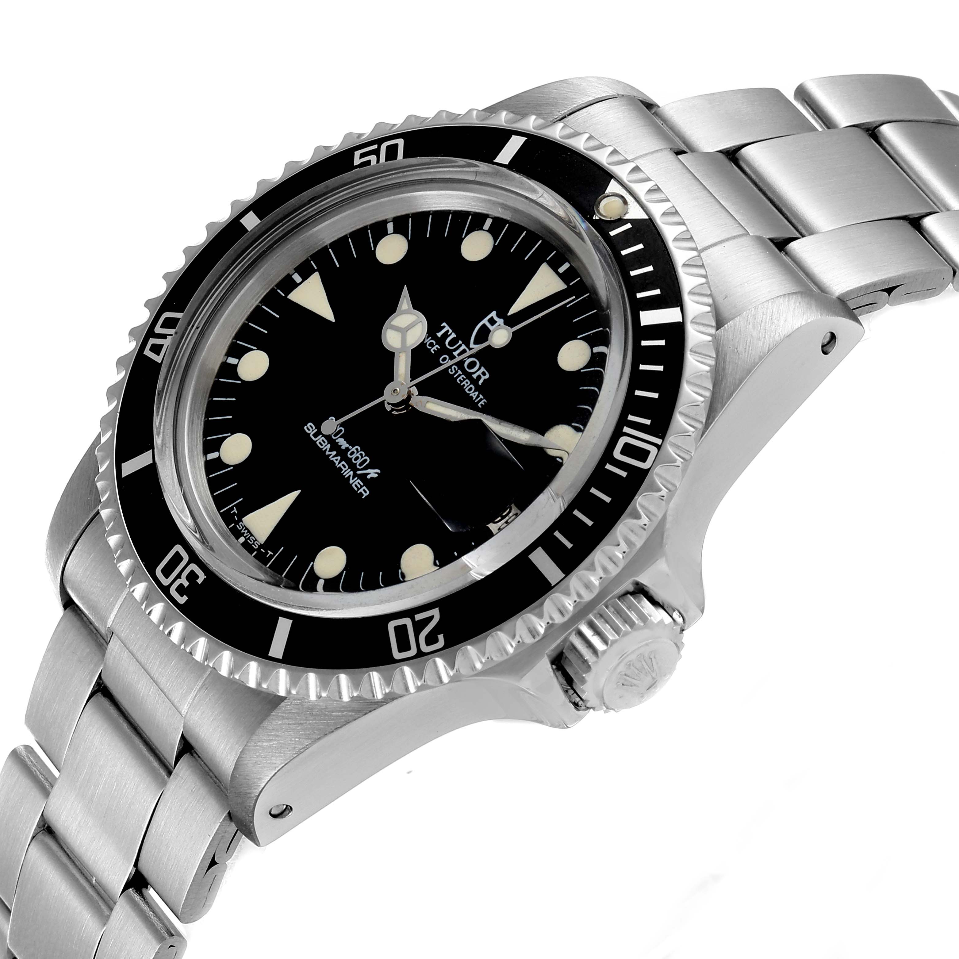 The image shows a Tudor Submariner 79090 Men
s Stainless Steel Black Dial 79090 Men
s Stainless Steel Black Dial watch angled slightly to the right, highlighting the face, bezel, and metal bracelet.