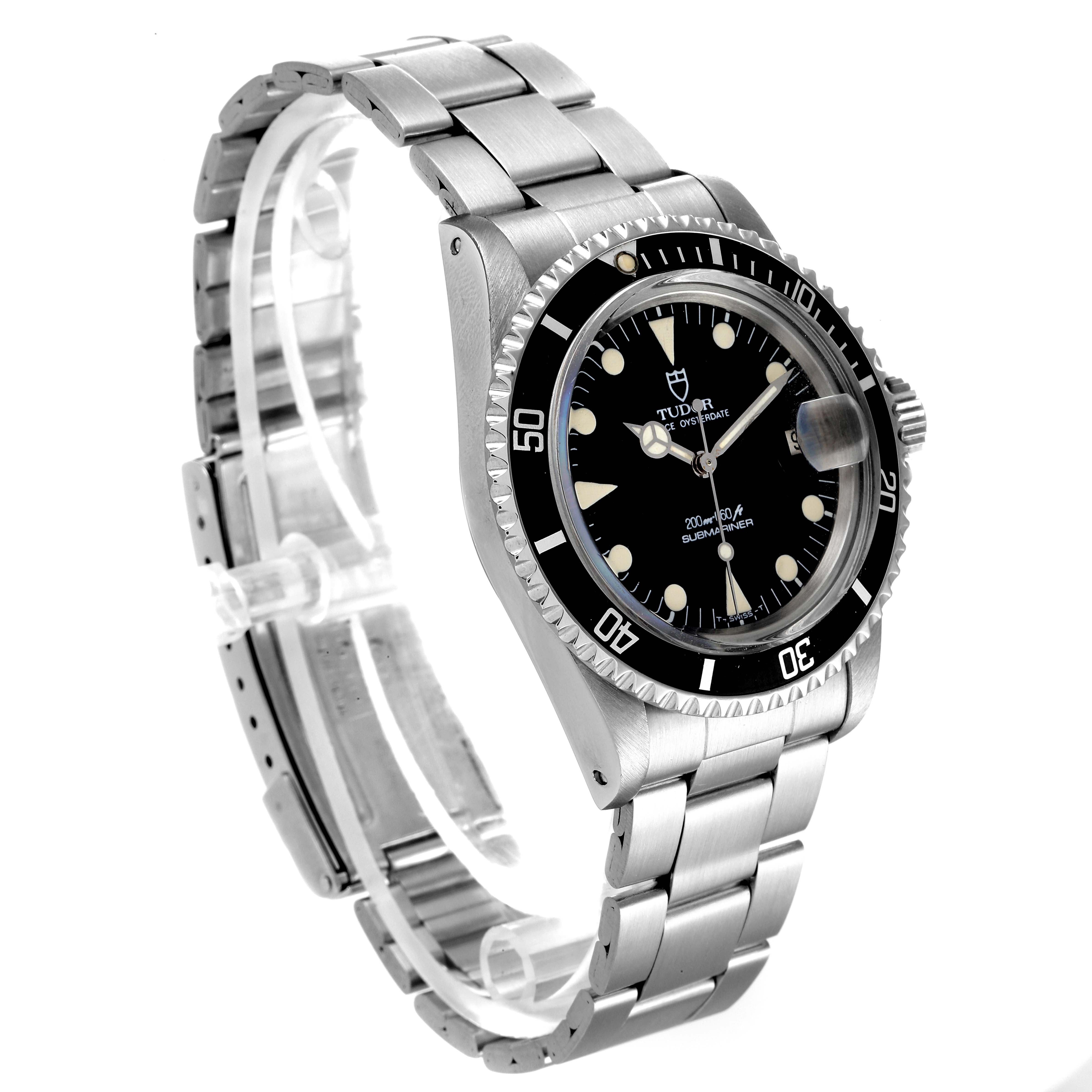 This image shows the Tudor Submariner 79090 Men
s Stainless Steel Black Dial 79090 Men
s Stainless Steel Black Dial watch at a three-quarter angle, highlighting the dial, bezel, case, and bracelet.