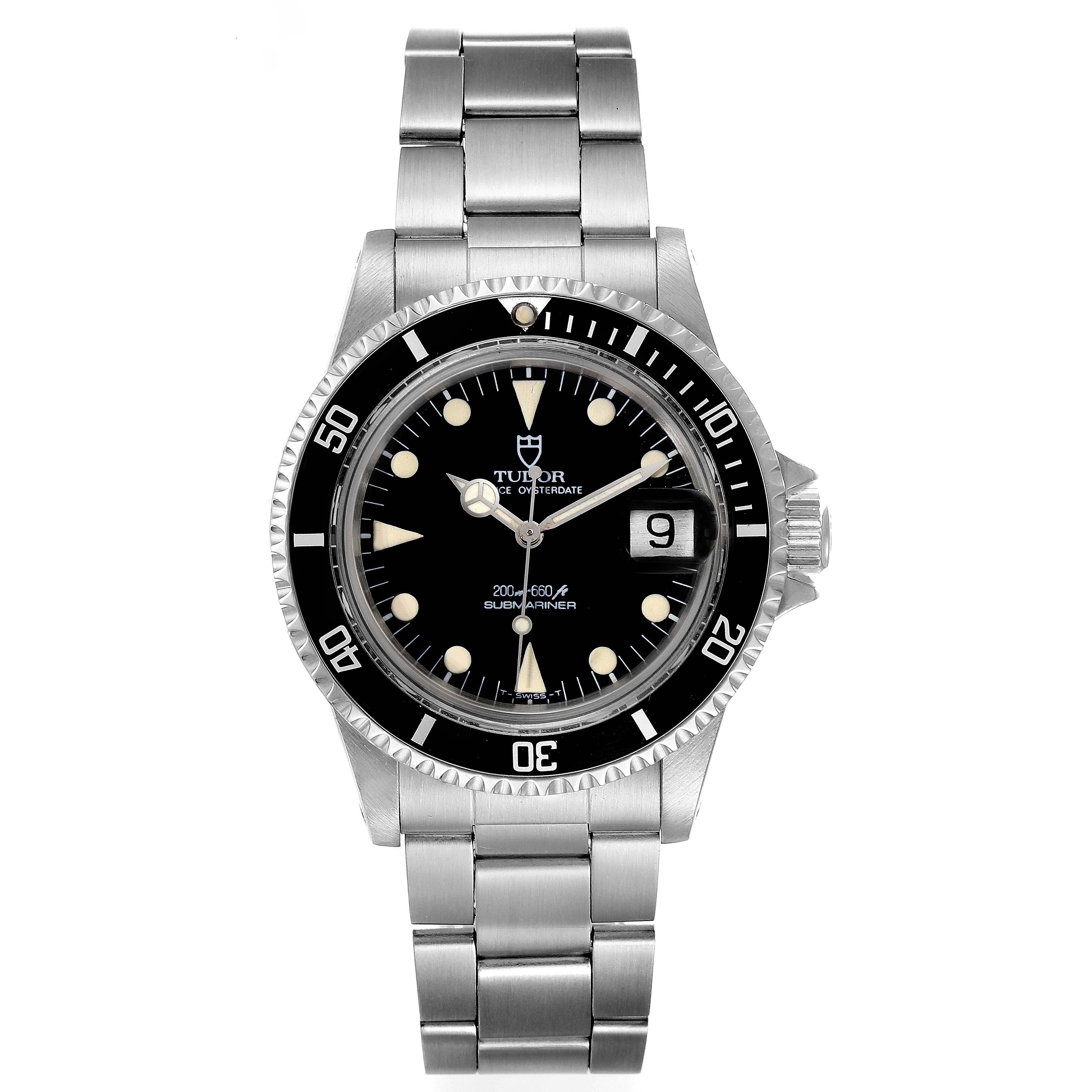 The image shows a front view of a Tudor Submariner 79090 Men
s Stainless Steel Black Dial 79090 Men
s Stainless Steel Black Dial watch, displaying the dial, bezel, crown, and metal bracelet.