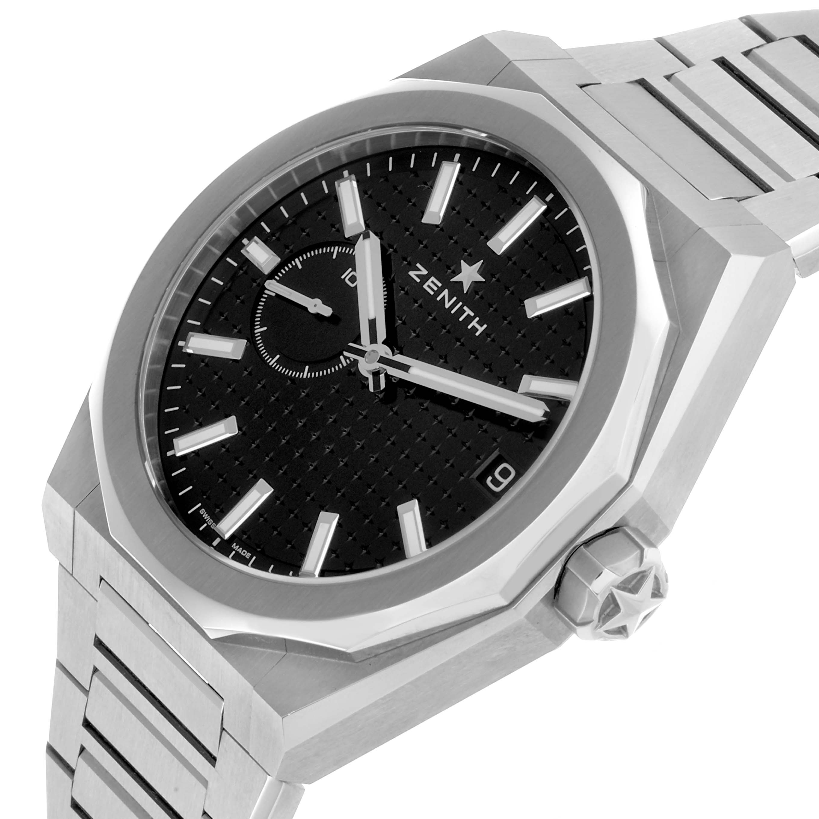 The Zenith Defy 03.9300.3620 Men's Stainless Steel Black Dial watch is shown at a slight angle, highlighting its face, bezel, crown, and bracelet.