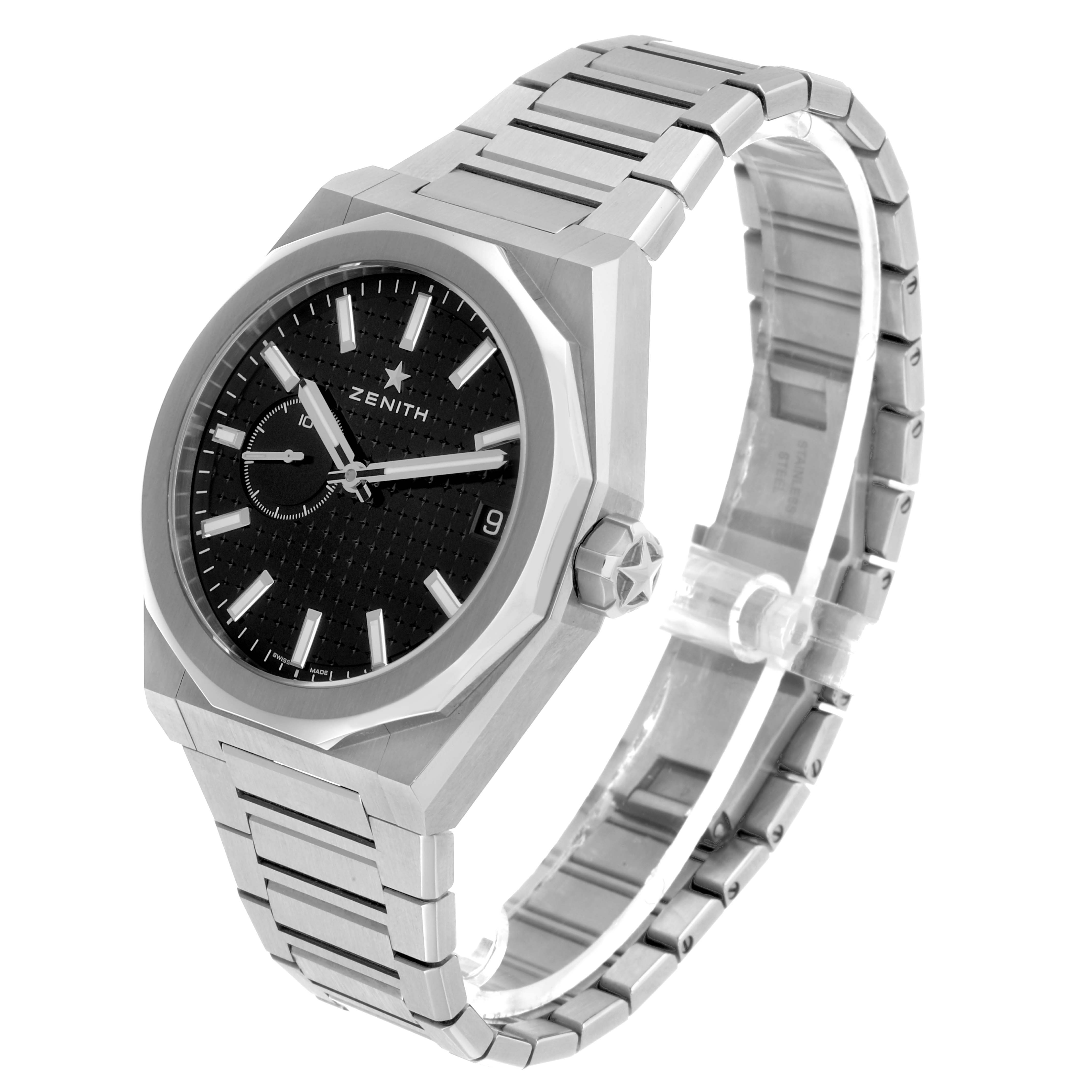 The Zenith Defy 03.9300.3620 Men's Stainless Steel Black Dial watch is shown at a slight angle, displaying its face, metal bracelet, and side crown.