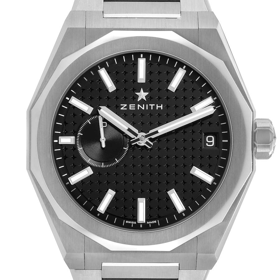 The Zenith Defy 03.9300.3620 Men's Stainless Steel Black Dial watch is shown from a front angle, displaying the dial, hands, and bezel.
