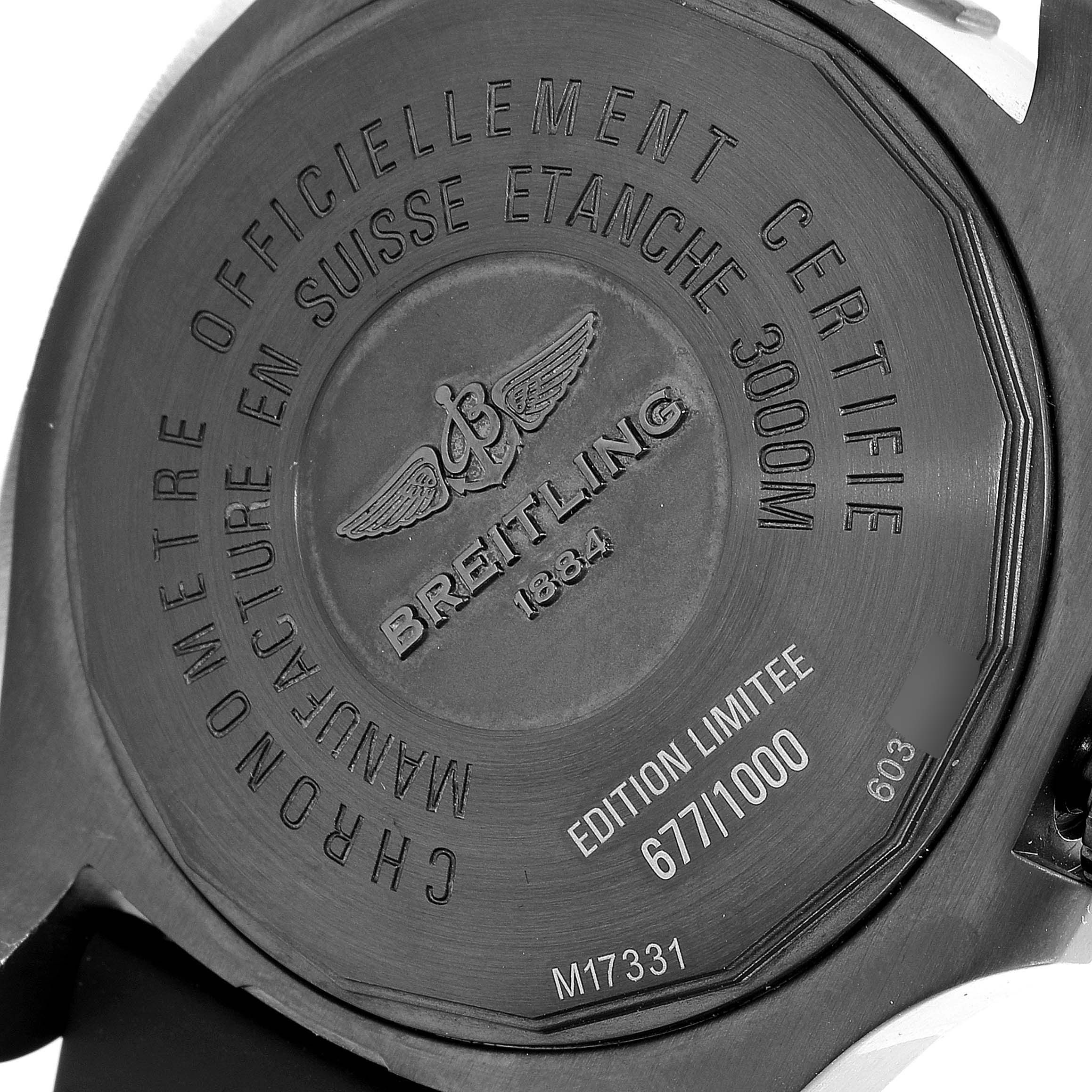 The image shows the back case of a Breitling Avenger M17331 Men's Stainless Steel Yellow Dial M17331 Men's Stainless Steel Yellow Dial watch, highlighting its limited edition number and water resistance.