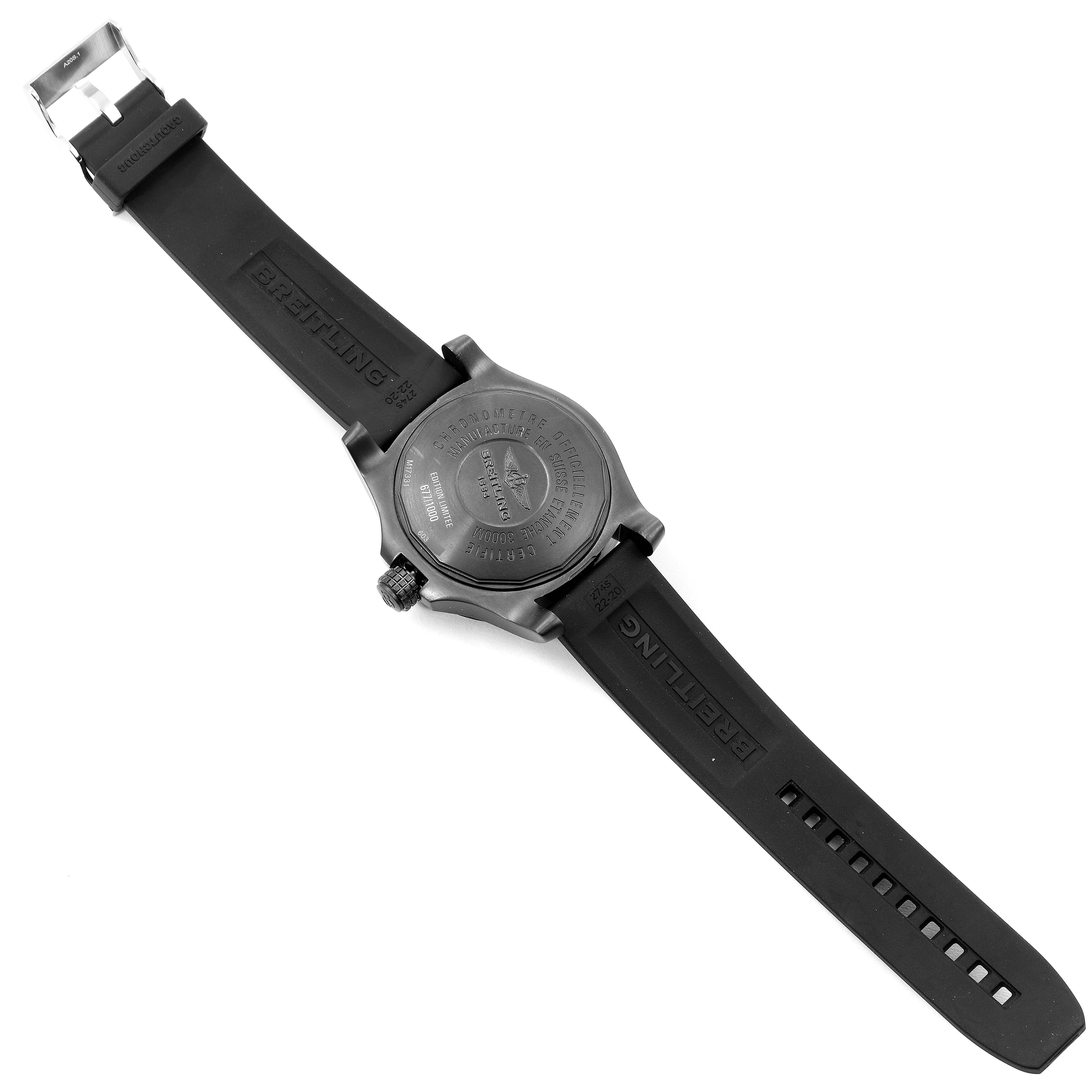 The image shows the back side of a Breitling Avenger M17331 Men's Stainless Steel Yellow Dial M17331 Men's Stainless Steel Yellow Dial watch, featuring the case back, crown, and rubber strap.