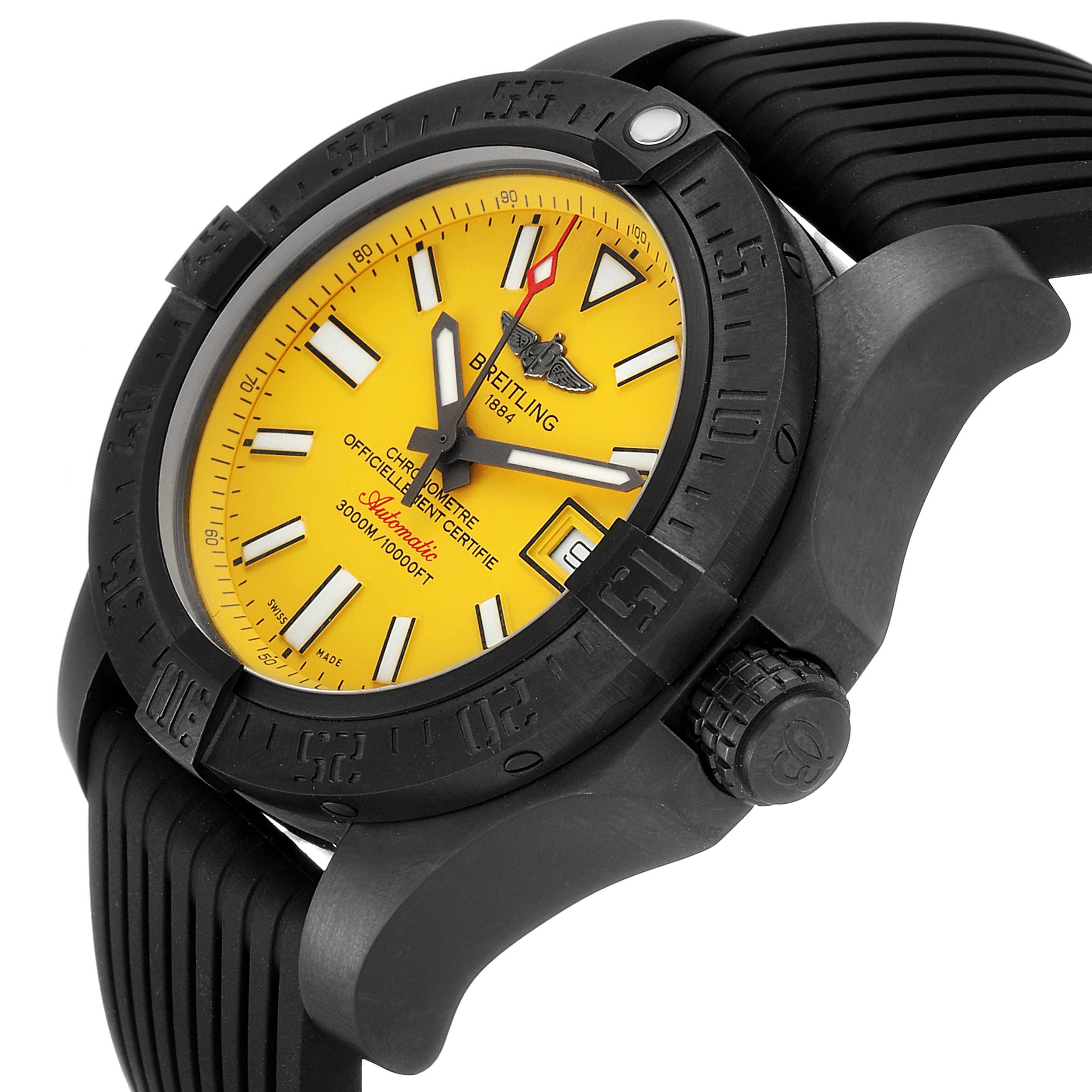 The image shows a side-angle view of the Breitling Avenger M17331 Men's Stainless Steel Yellow Dial M17331 Men's Stainless Steel Yellow Dial watch, displaying the dial, bezel, crown, and part of the strap.