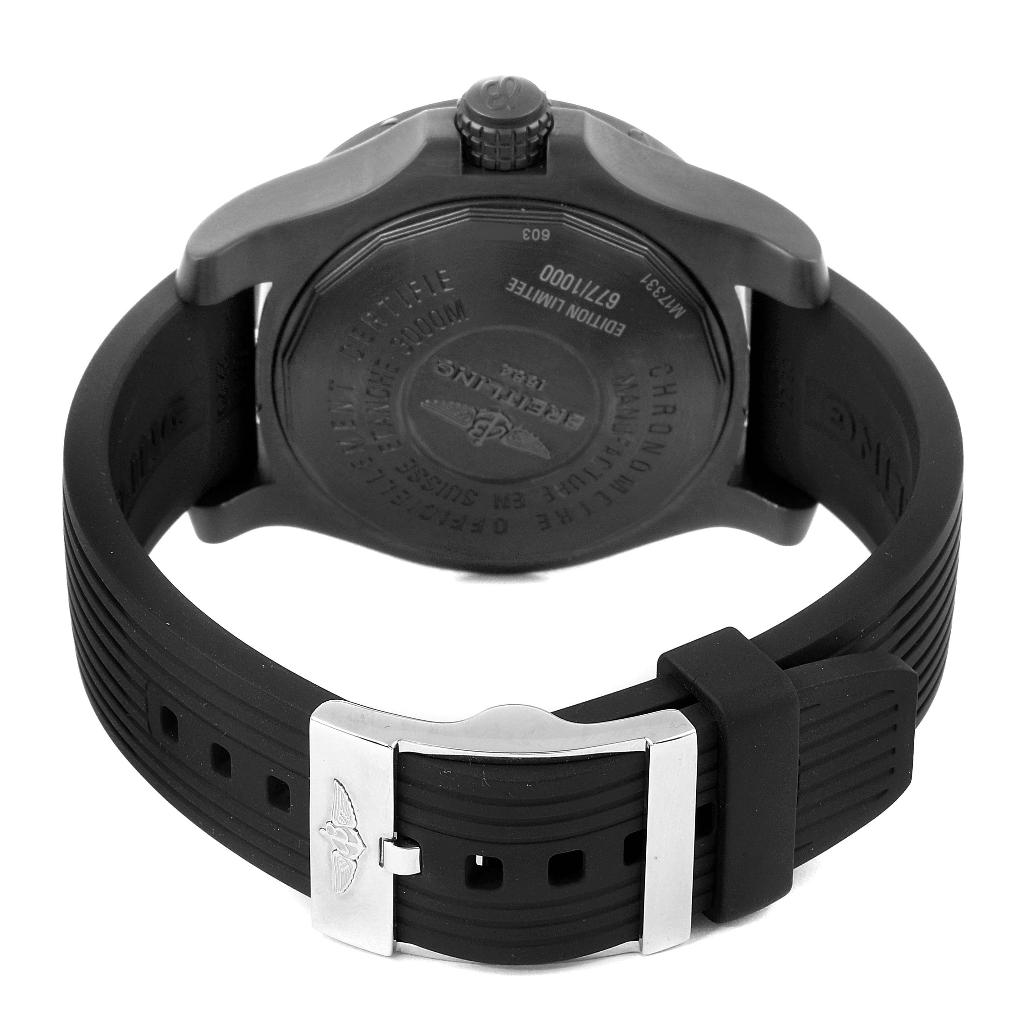 This image shows the back and strap of the Breitling Avenger M17331 Men's Stainless Steel Yellow Dial M17331 Men's Stainless Steel Yellow Dial watch, highlighting the clasp and engraved case back.