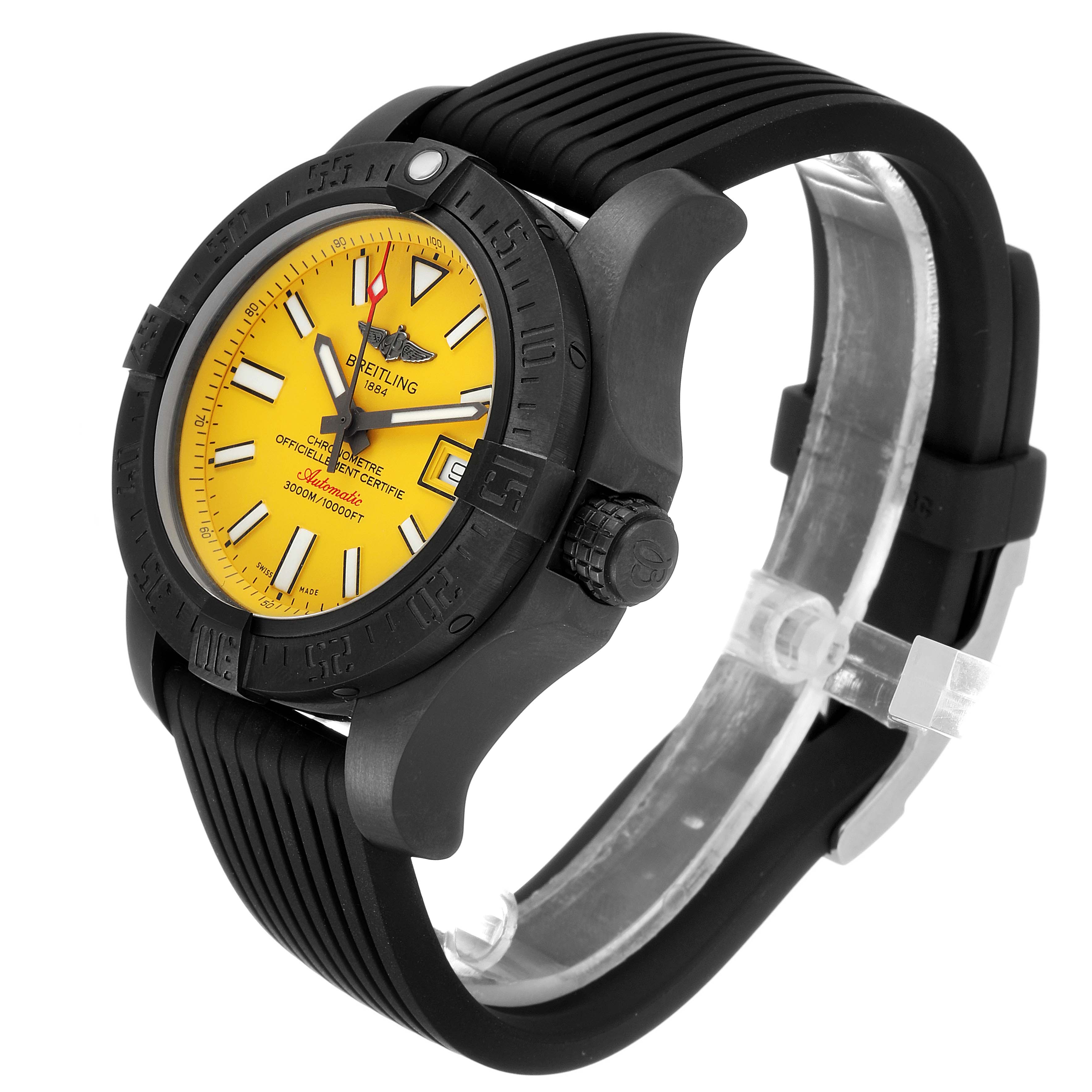 The image shows a Breitling Avenger M17331 Men's Stainless Steel Yellow Dial M17331 Men's Stainless Steel Yellow Dial watch at an angle highlighting its yellow dial, black bezel, and black rubber strap.