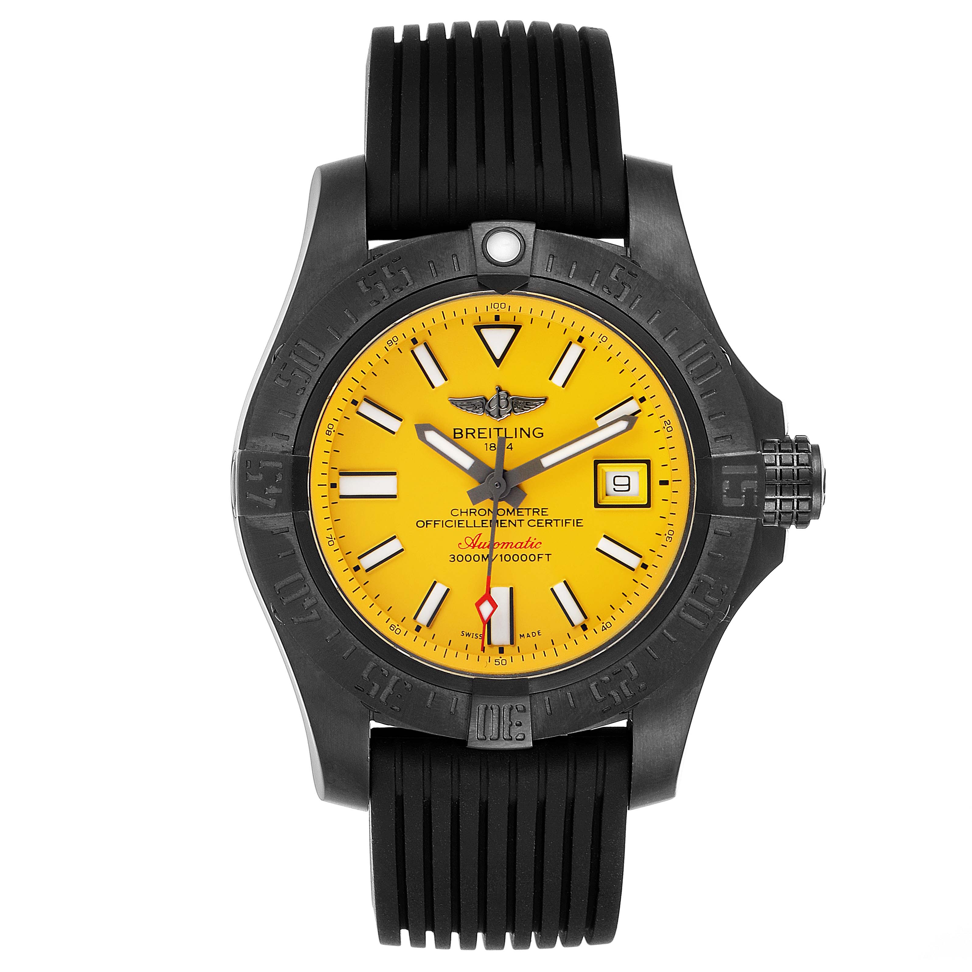 The image shows a front view of the Breitling Avenger M17331 Men's Stainless Steel Yellow Dial M17331 Men's Stainless Steel Yellow Dial watch, featuring its bezel, dial, hands, date window, and strap.