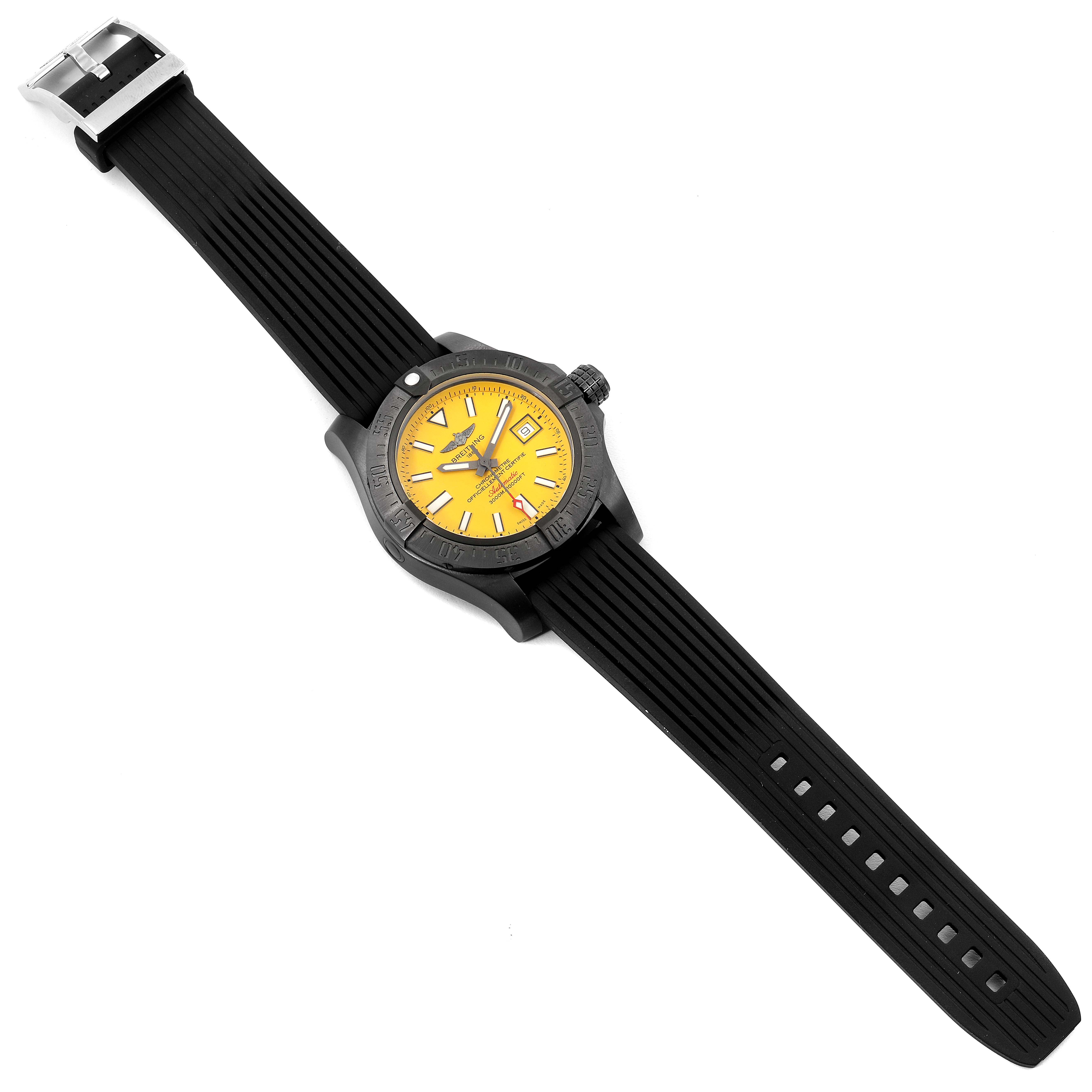 The Breitling Avenger M17331 Men's Stainless Steel Yellow Dial M17331 Men's Stainless Steel Yellow Dial watch is shown from an overhead angle, displaying the dial, bezel, crown, and rubber strap.