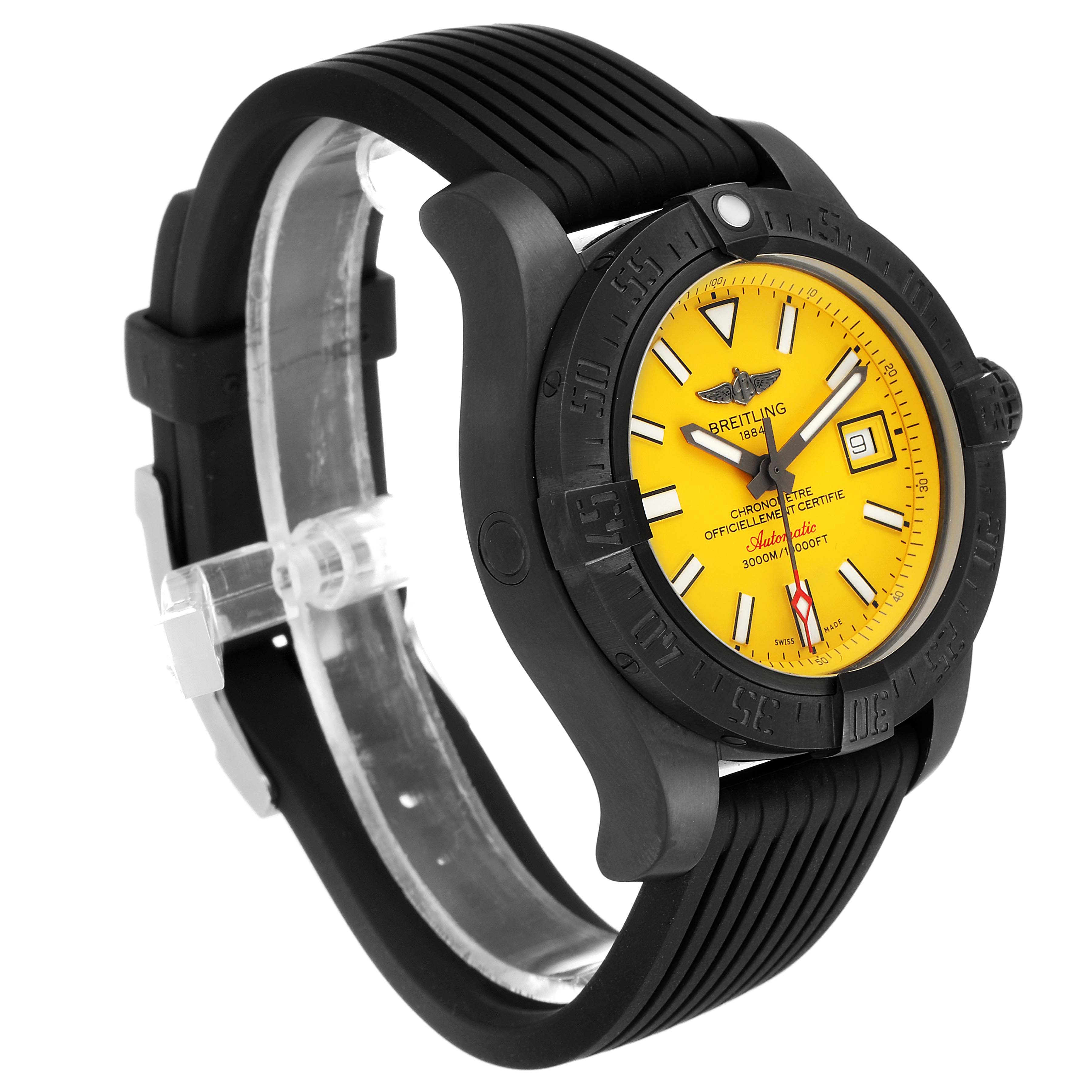 The image shows a Breitling Avenger M17331 Men's Stainless Steel Yellow Dial M17331 Men's Stainless Steel Yellow Dial watch at a three-quarter angle, displaying the yellow dial, bezel, case, and black rubber strap.