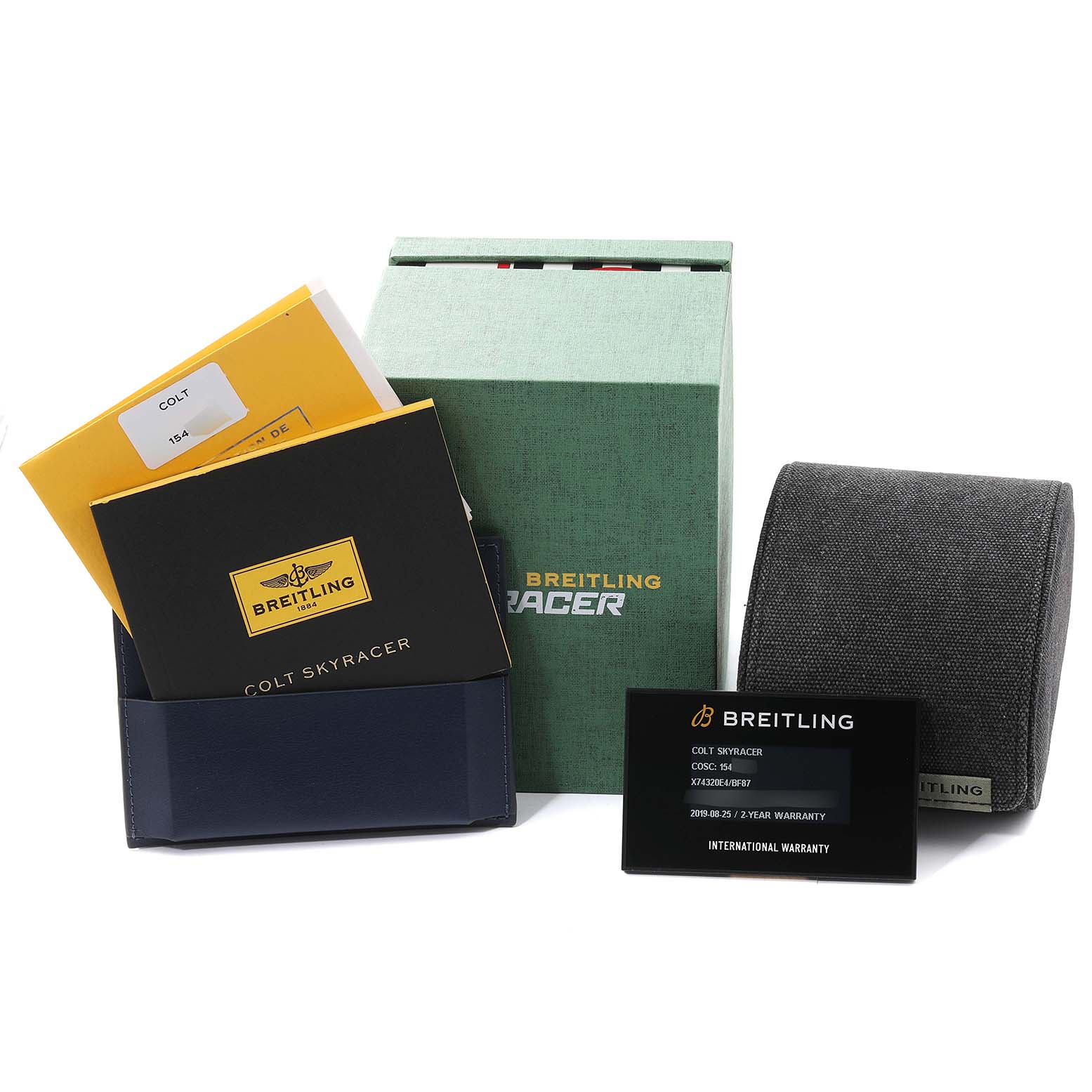 The image shows the packaging, warranty card, and manuals for a Breitling Colt X74320E4/BF87 Men's Ceramic Black Dial X74320E4/BF87 Men's Ceramic Black Dial watch, viewed from the front.