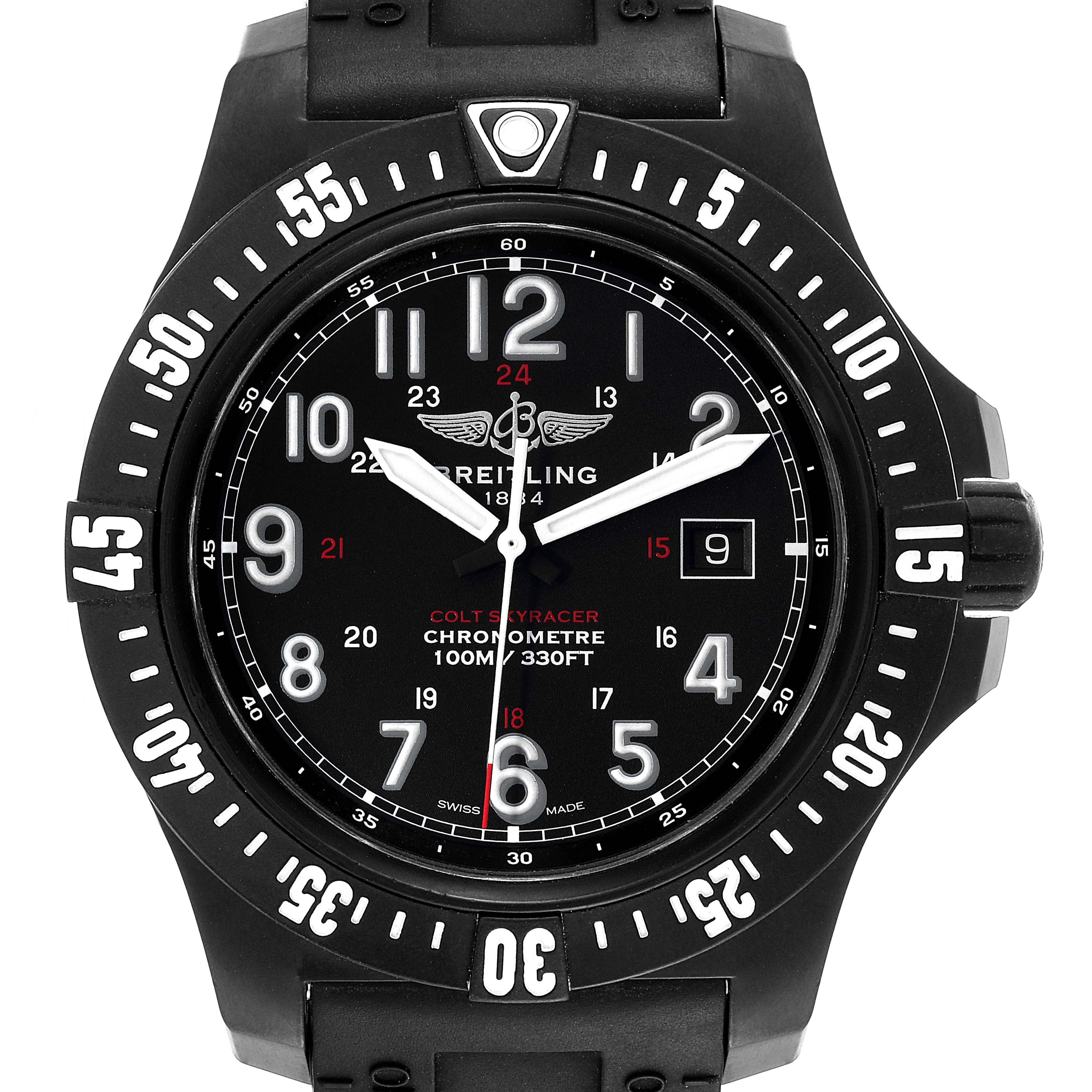 The image shows a front view of a Breitling Colt X74320E4/BF87 Men's Ceramic Black Dial X74320E4/BF87 Men's Ceramic Black Dial model watch, highlighting the dial, bezel, numbers, and hands.