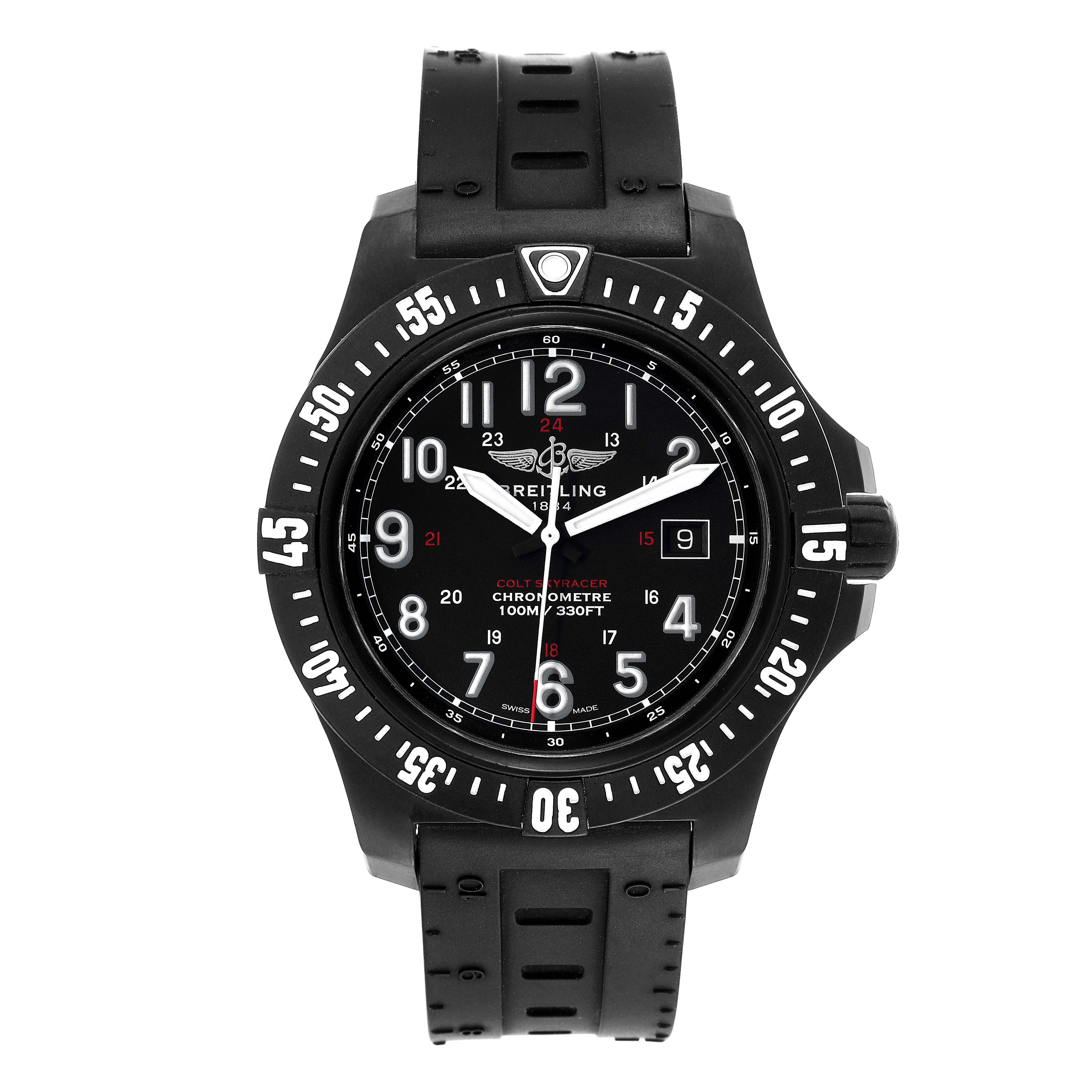 The image shows a front view of the Breitling Colt X74320E4/BF87 Men's Ceramic Black Dial X74320E4/BF87 Men's Ceramic Black Dial watch, highlighting its black dial, bezel, and band.