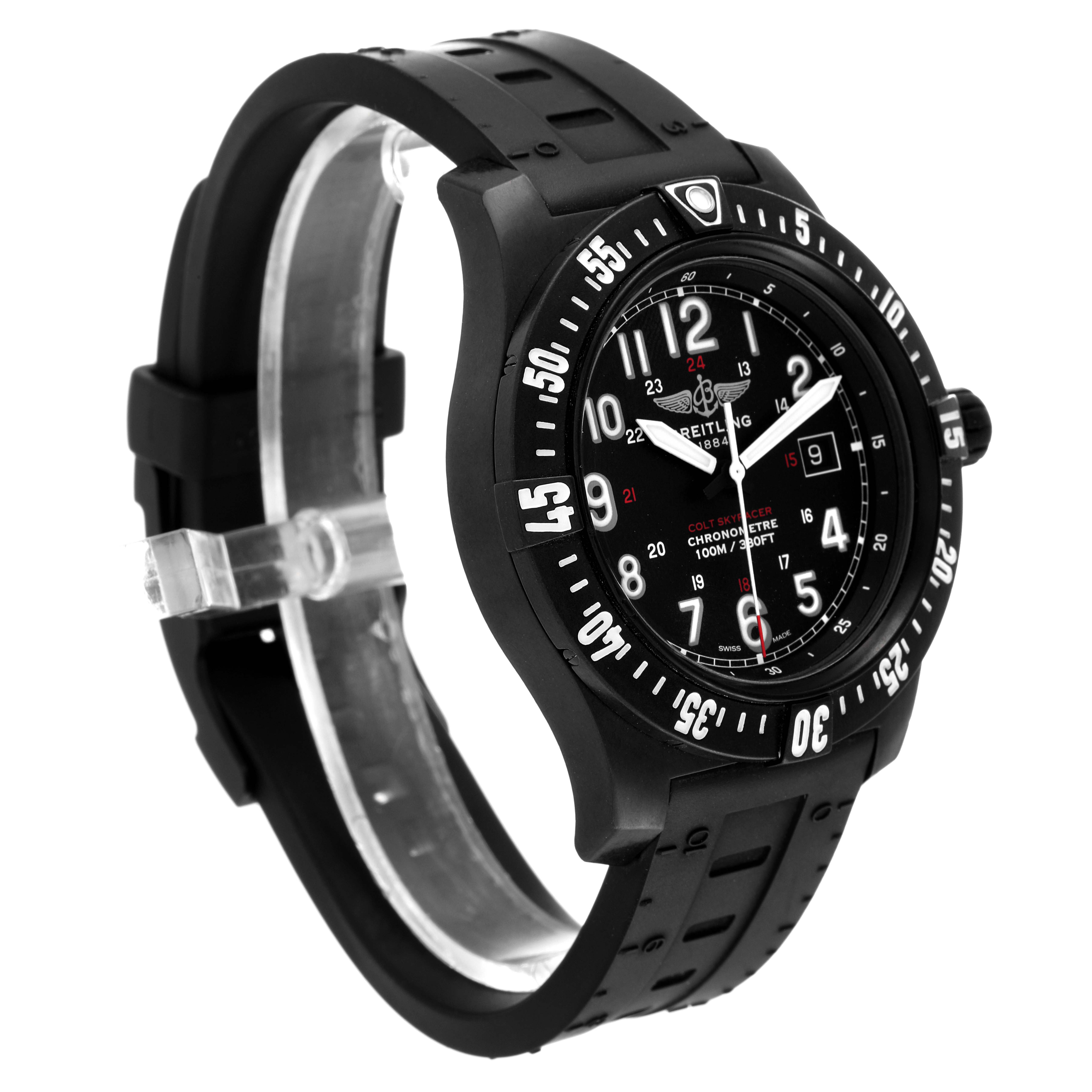 The Breitling Colt X74320E4/BF87 Men's Ceramic Black Dial X74320E4/BF87 Men's Ceramic Black Dial watch is shown at a slight angle, displaying the bezel, watch face, hour markers, and part of the strap.