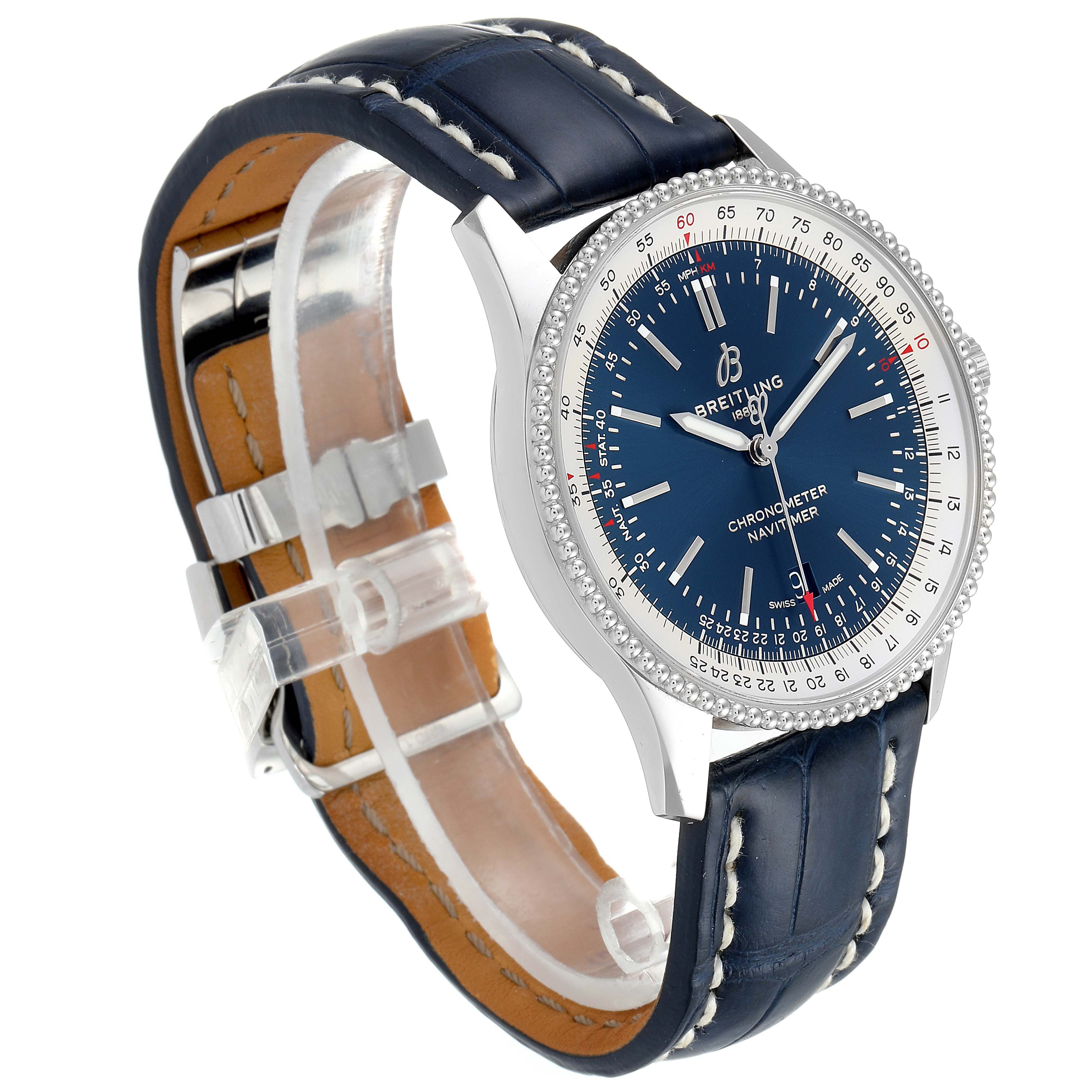 The Breitling Navitimer A17326 Men's Stainless Steel Blue Dial A17326 Men's Stainless Steel Blue Dial watch is shown at a slight angle displaying the dial, bezel, and leather strap with visible stitching and clasp.