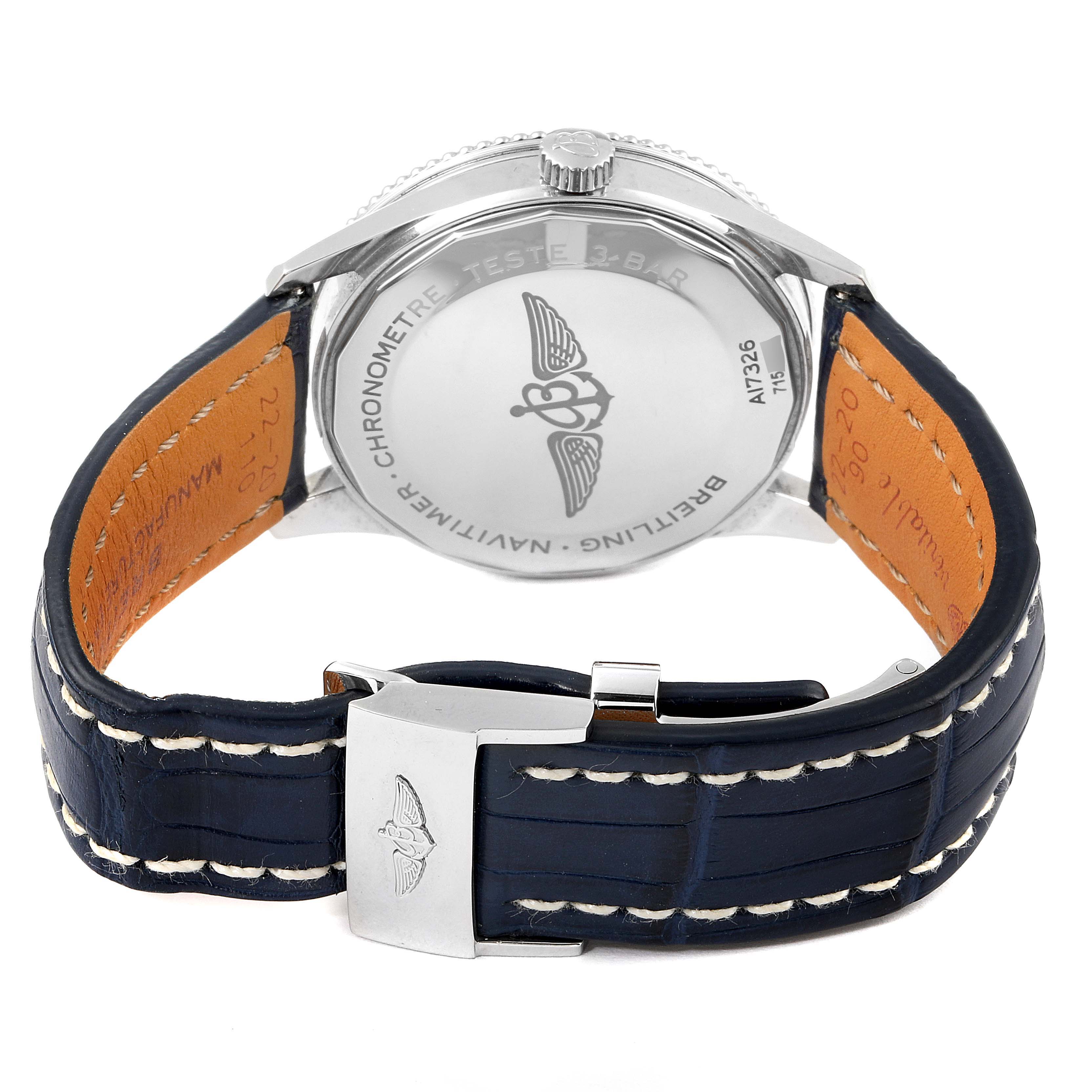 The image shows the back case and strap of a Breitling Navitimer A17326 Men's Stainless Steel Blue Dial A17326 Men's Stainless Steel Blue Dial watch from a rear angle.