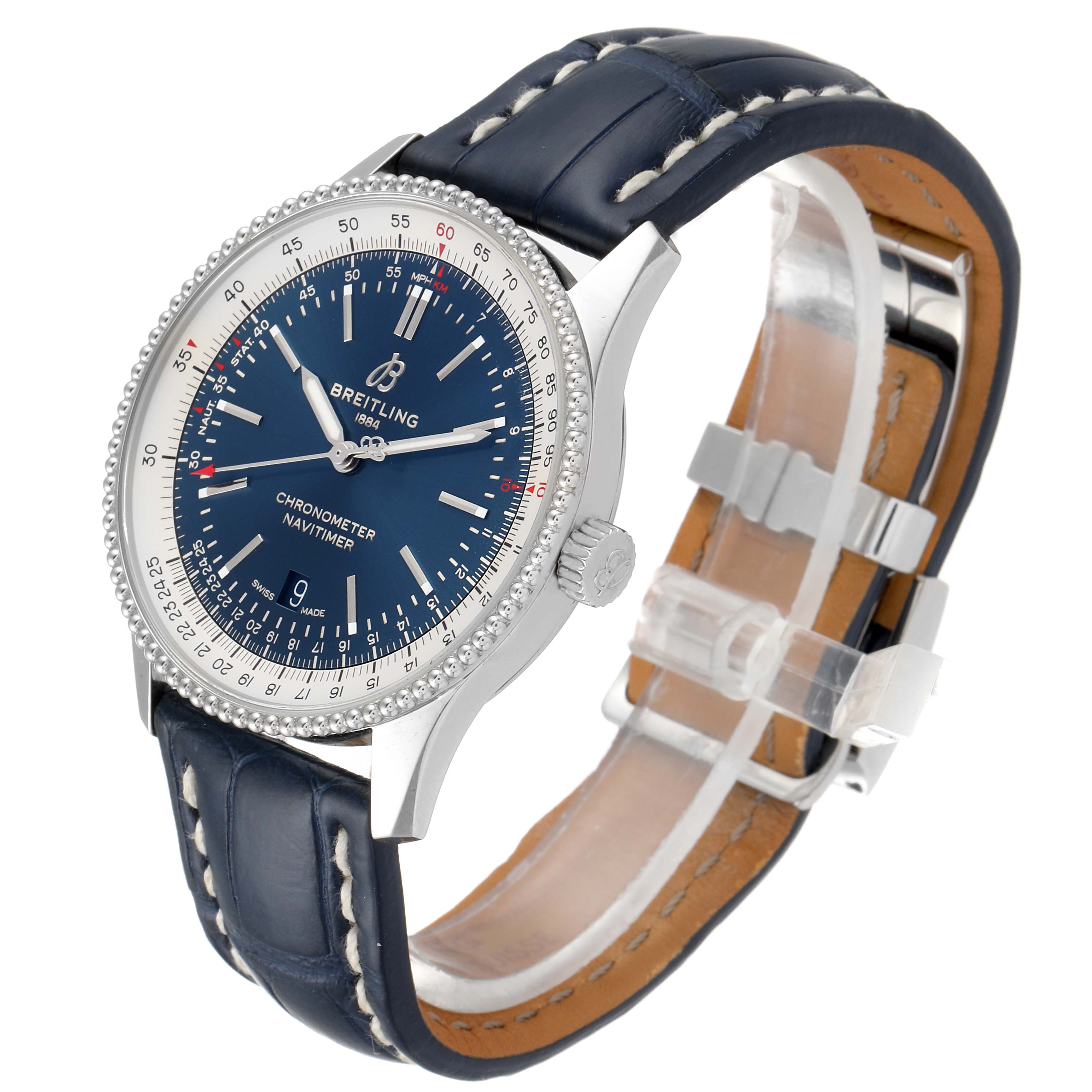 The image shows a Breitling Navitimer A17326 Men's Stainless Steel Blue Dial A17326 Men's Stainless Steel Blue Dial watch at a slight angle, highlighting the face, bezel, crown, and leather strap.