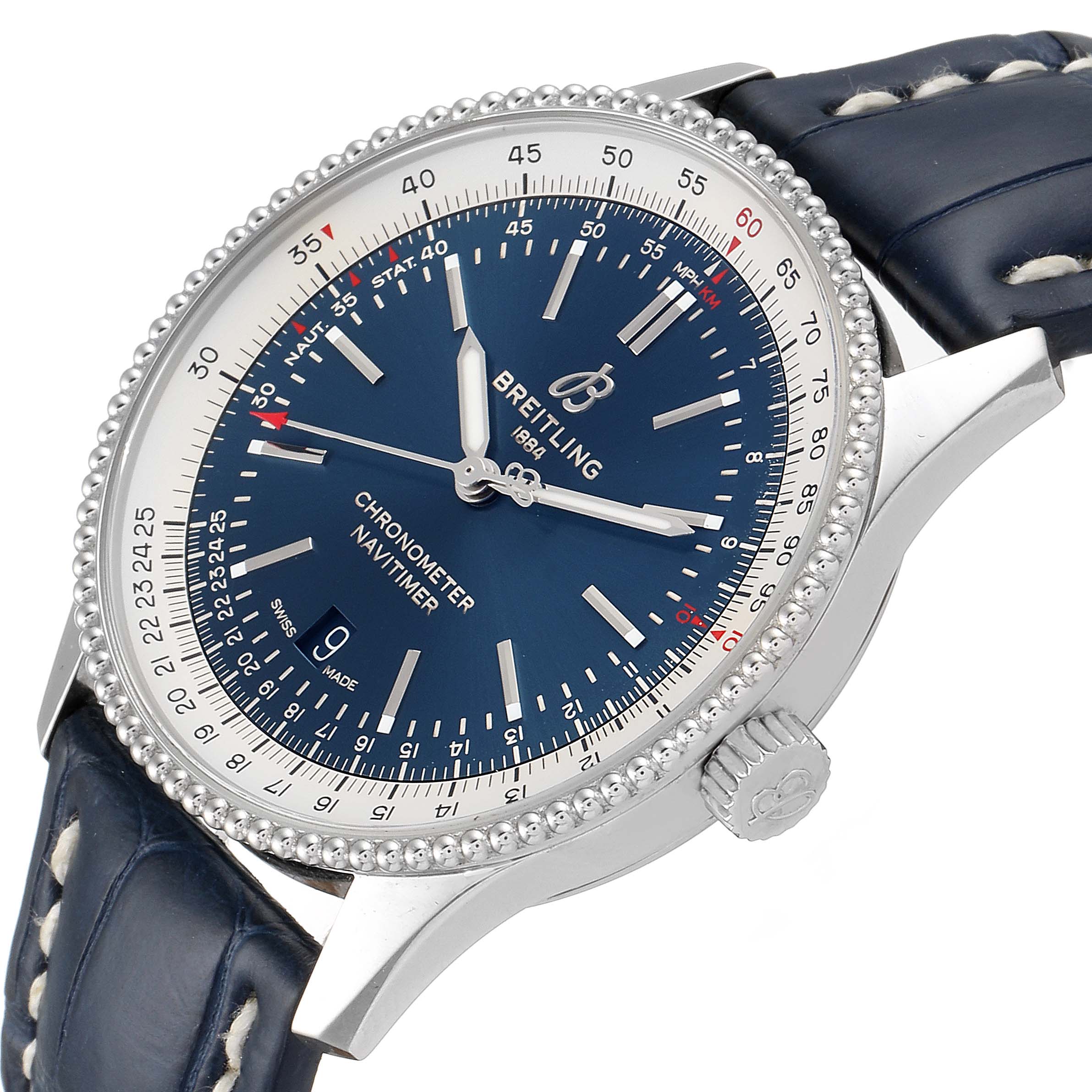This image shows a side-angle view of the Breitling Navitimer A17326 Men's Stainless Steel Blue Dial A17326 Men's Stainless Steel Blue Dial watch, highlighting the face, bezel, crown, and strap.