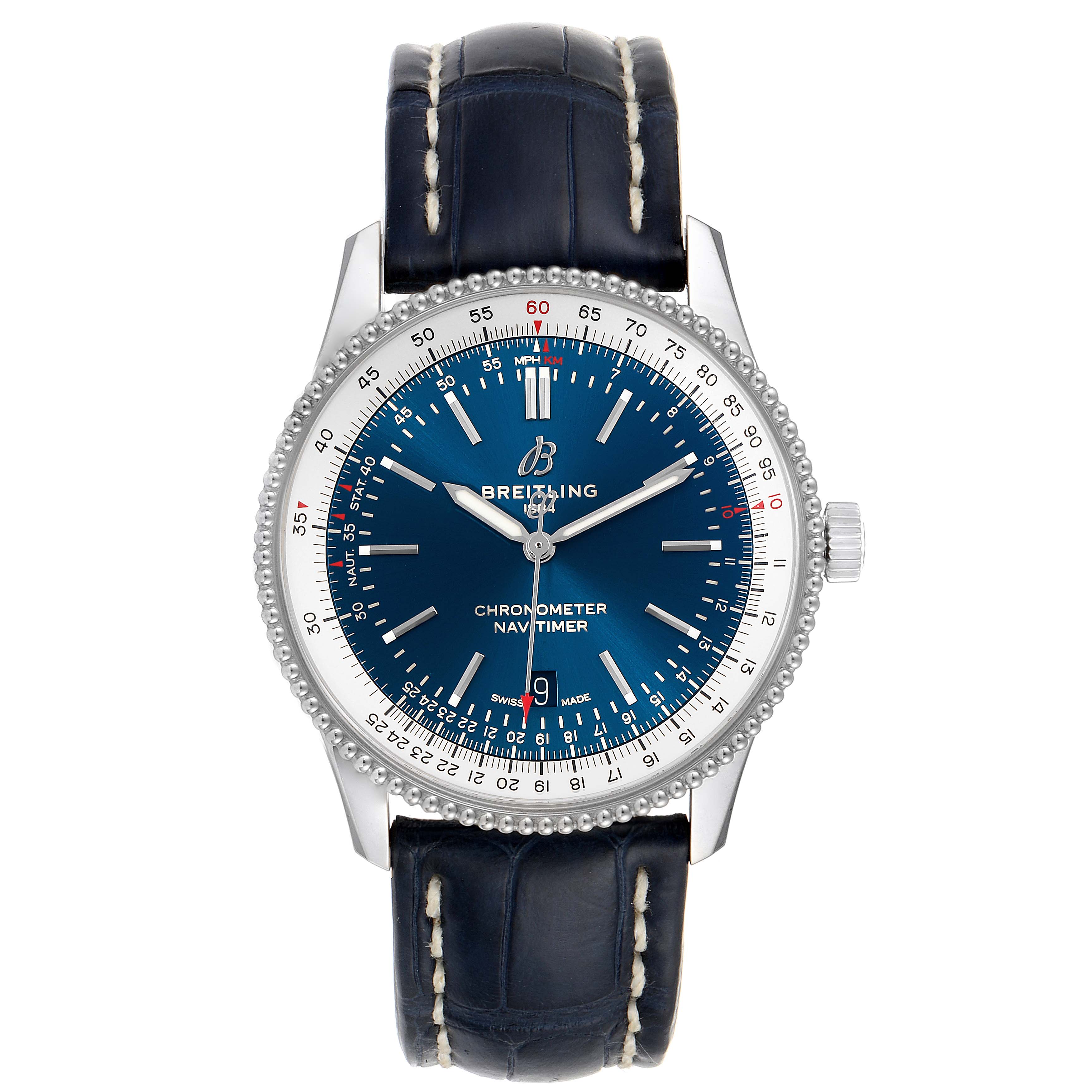 The image shows a front view of a Breitling Navitimer A17326 Men's Stainless Steel Blue Dial A17326 Men's Stainless Steel Blue Dial watch with a blue dial and leather strap.