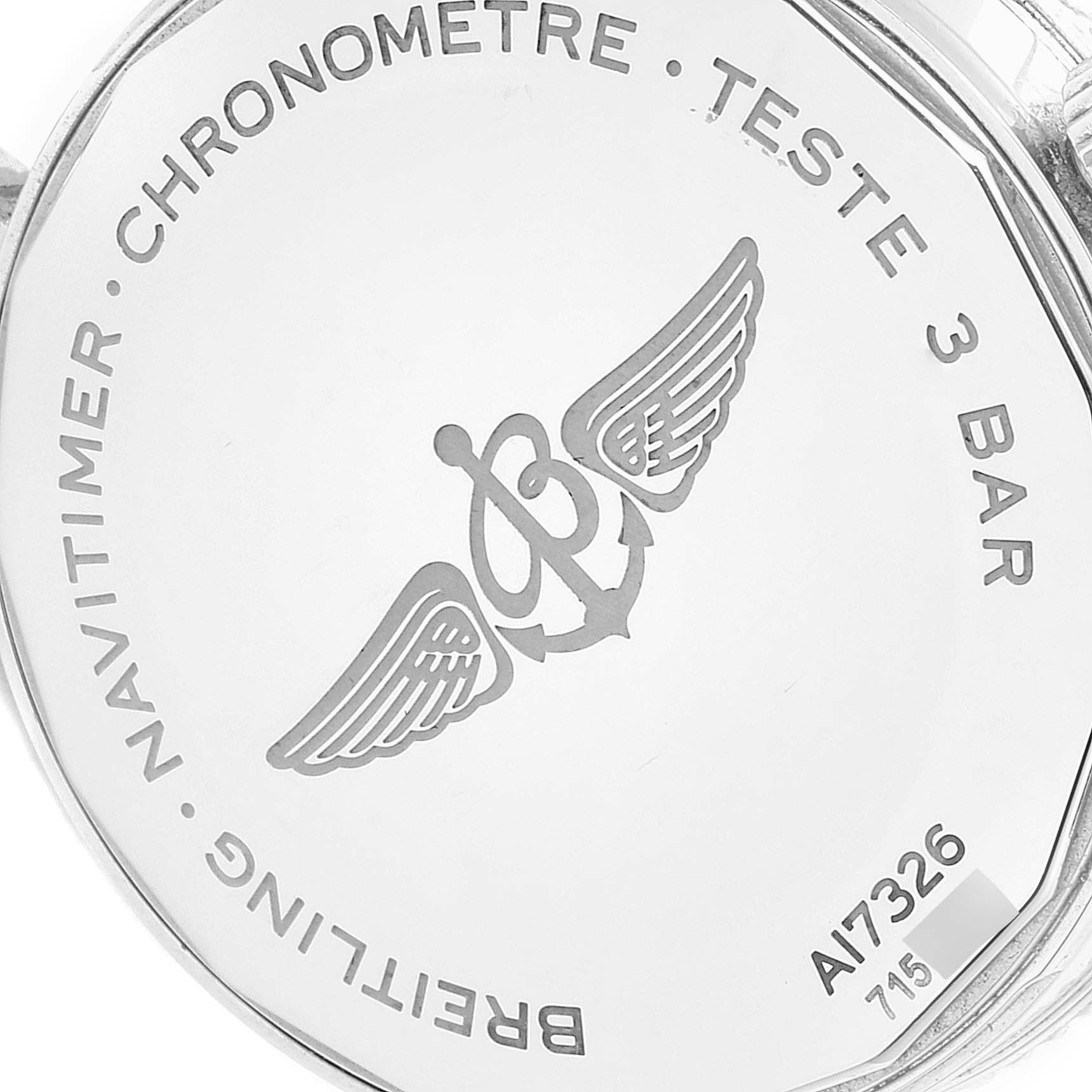 The image shows the back case of a Breitling Navitimer A17326 Men's Stainless Steel Blue Dial A17326 Men's Stainless Steel Blue Dial watch, displaying the brand's logo and various inscriptions.