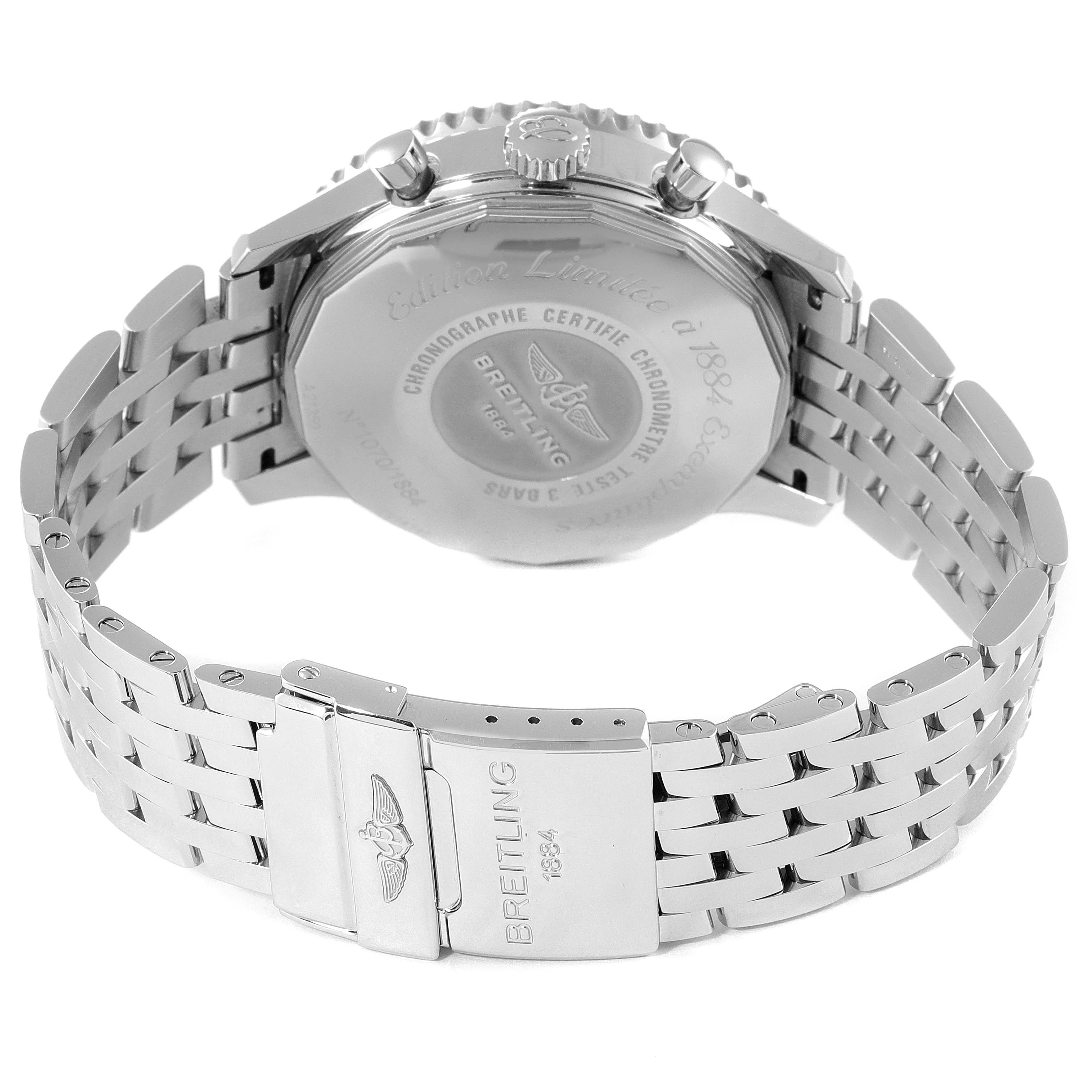 The image shows the back and clasp of the Breitling Navitimer A2135024/BE62-453A Men's Stainless Steel Black Dial A2135024/BE62-453A Men's Stainless Steel Black Dial watch, highlighting the stainless steel bracelet and engraved case back.