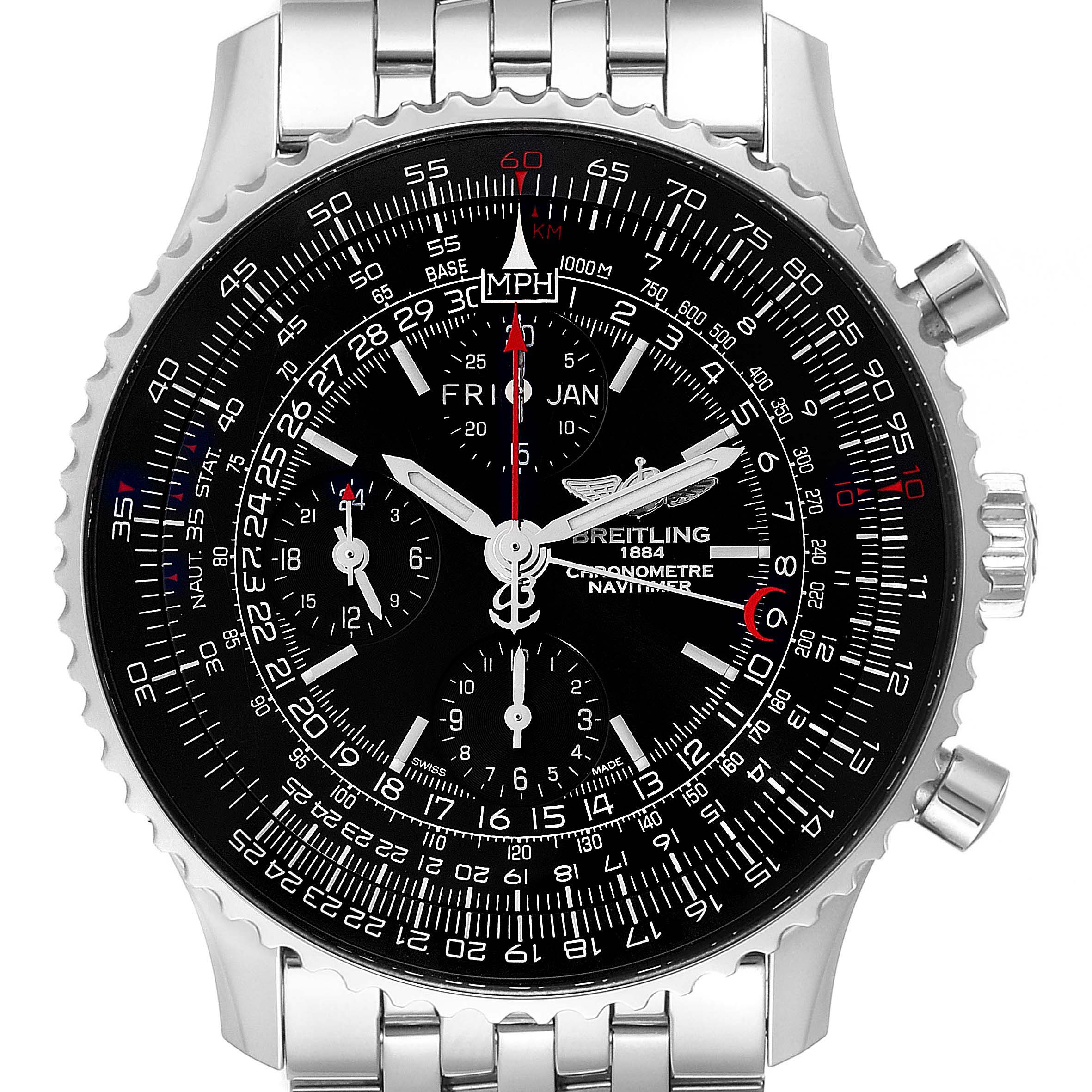 This Breitling Navitimer A2135024/BE62-453A Men's Stainless Steel Black Dial A2135024/BE62-453A Men's Stainless Steel Black Dial watch is shown from a front angle, highlighting its detailed dial, bezel, and metal bracelet.