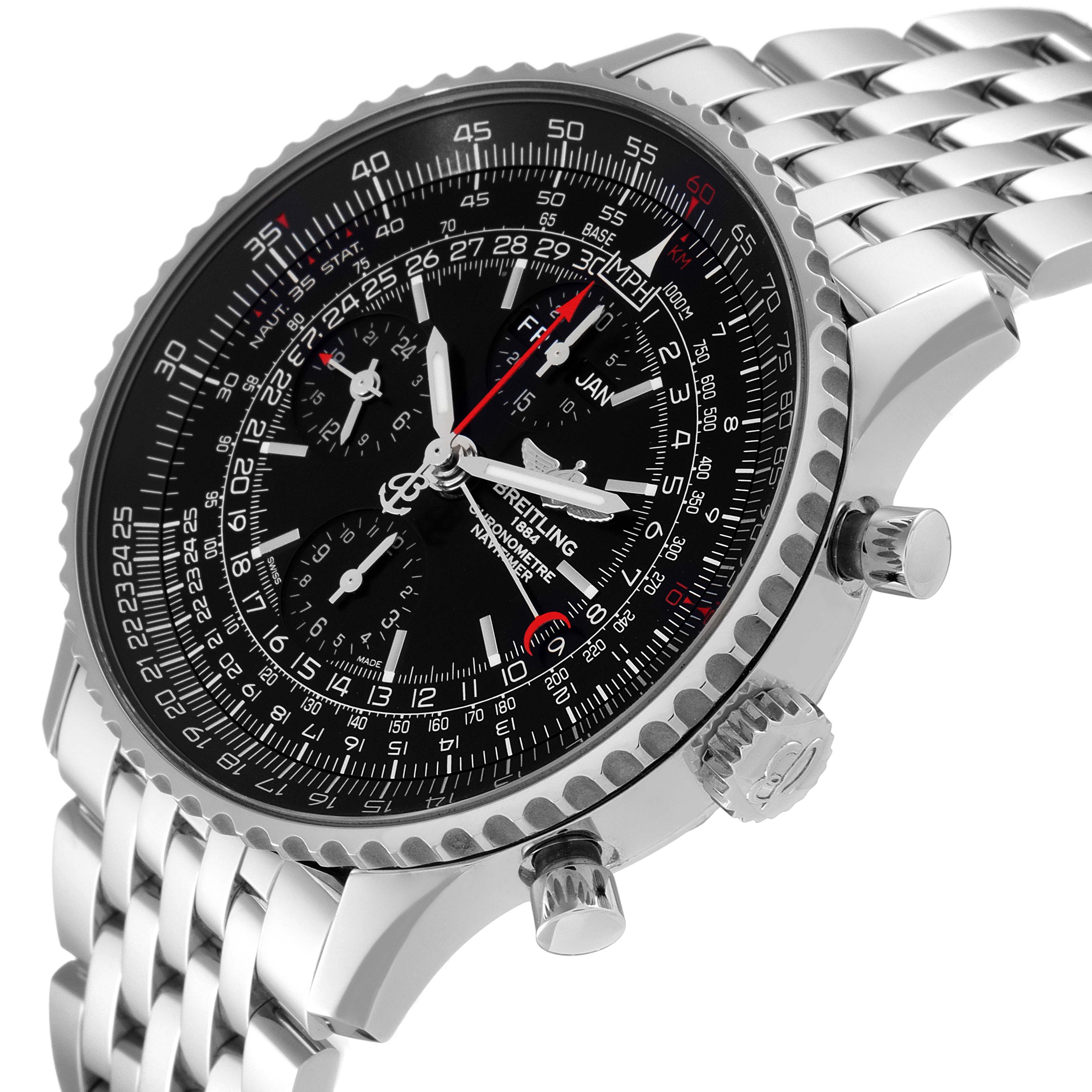 The image shows a Breitling Navitimer A2135024/BE62-453A Men's Stainless Steel Black Dial A2135024/BE62-453A Men's Stainless Steel Black Dial watch at a three-quarter angle, highlighting the dial, bezel, crown, and part of the stainless steel bracelet.